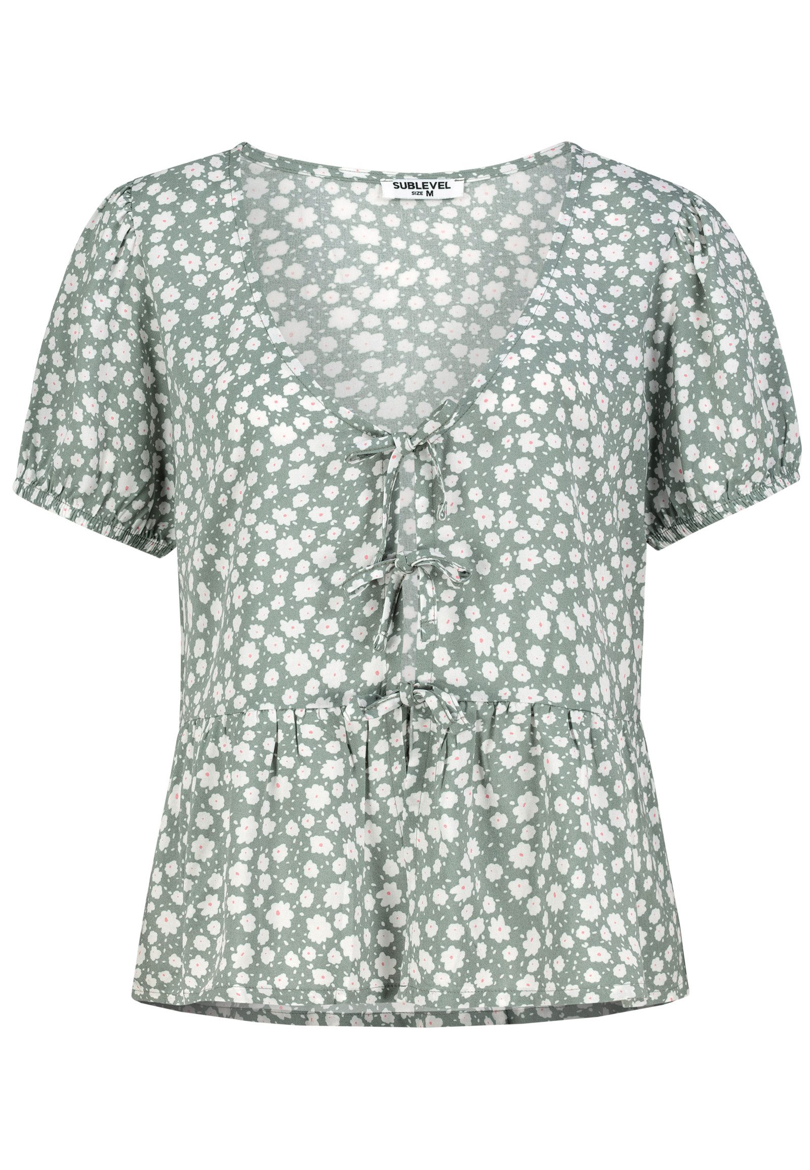 SUBLEVEL Blusenshirt Florales Muster, Schnürdetails, Kurzarm, günstig online kaufen