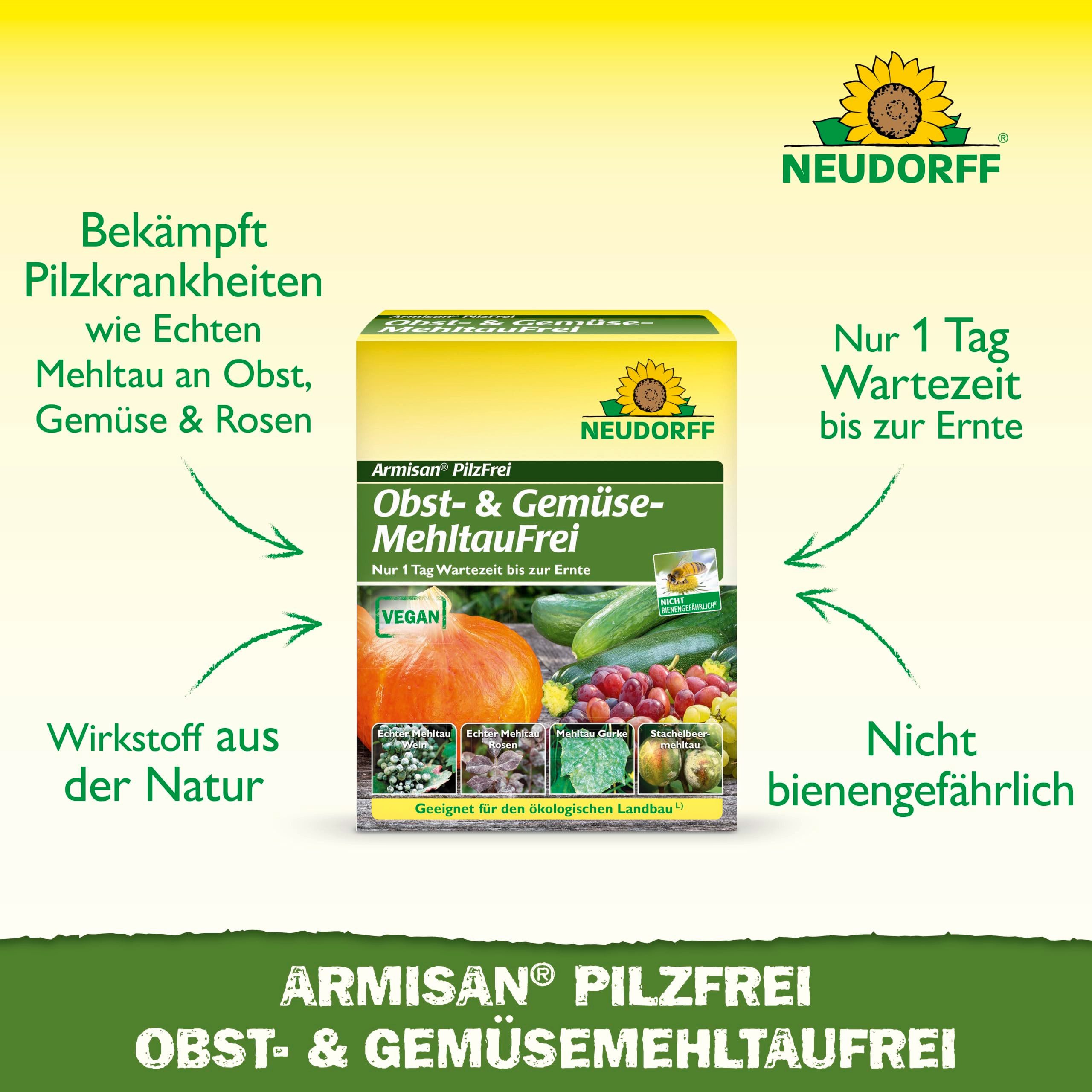 Neudorff Pflanzen-Pilzfrei Armisan PilzFrei Obst- & Gemüse-MehltauFrei 50g für 165m², Bekämpft effektiv Echten Mehltau und Schorf an Obst, Gemüse und Rosen