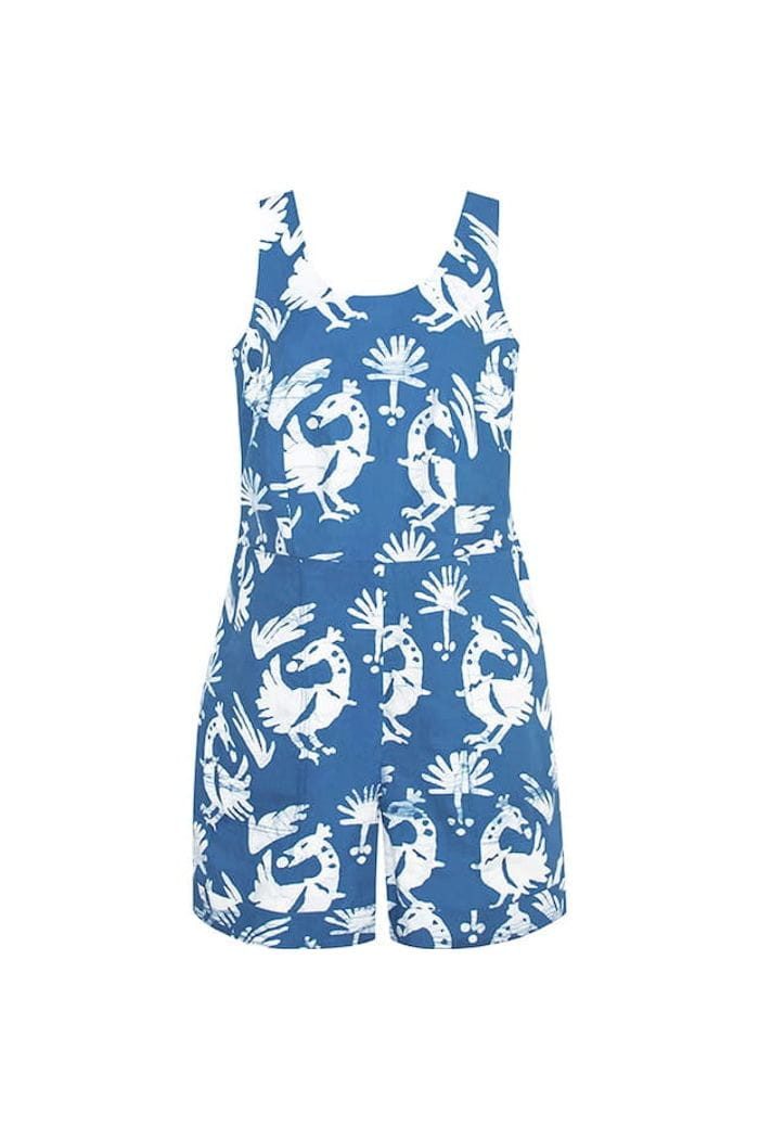 Global Mamas Playsuit Romper - Sankofa Stone - Blau Handgebatikt in Ghana · Unikat · Fair Trade zertifiziert (WFTO)