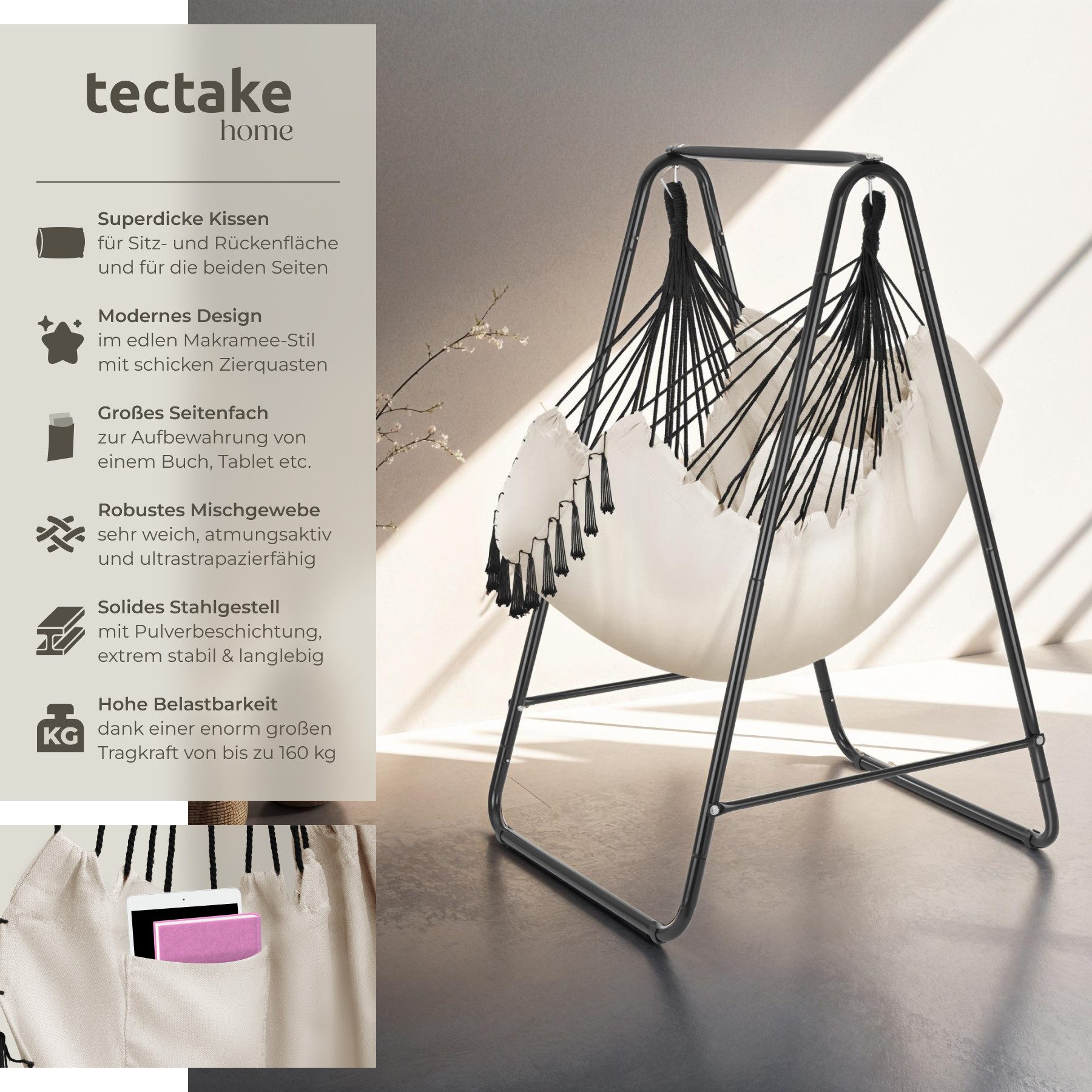 tectake Hängesessel Schaukelstuhl Alison, Boho-Style, Belastbarkeit 160kg, günstig online kaufen