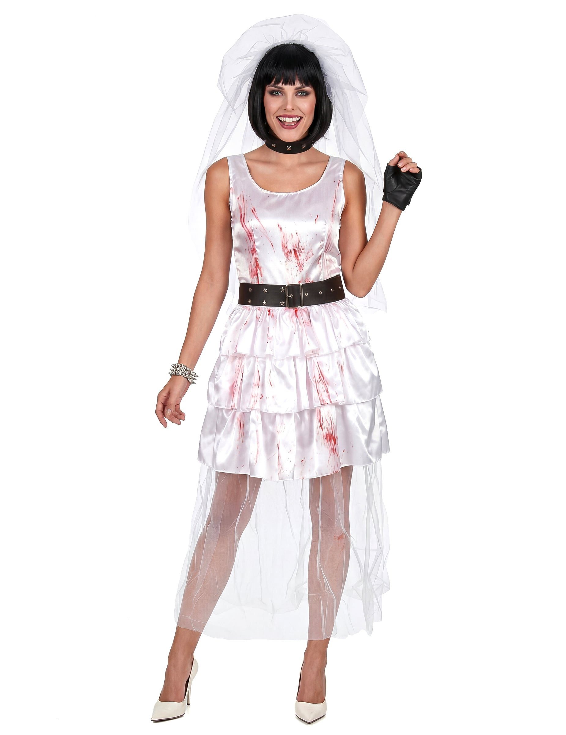 Kostüm Zombiebraut Halloween Damenkostüm weiss-rot