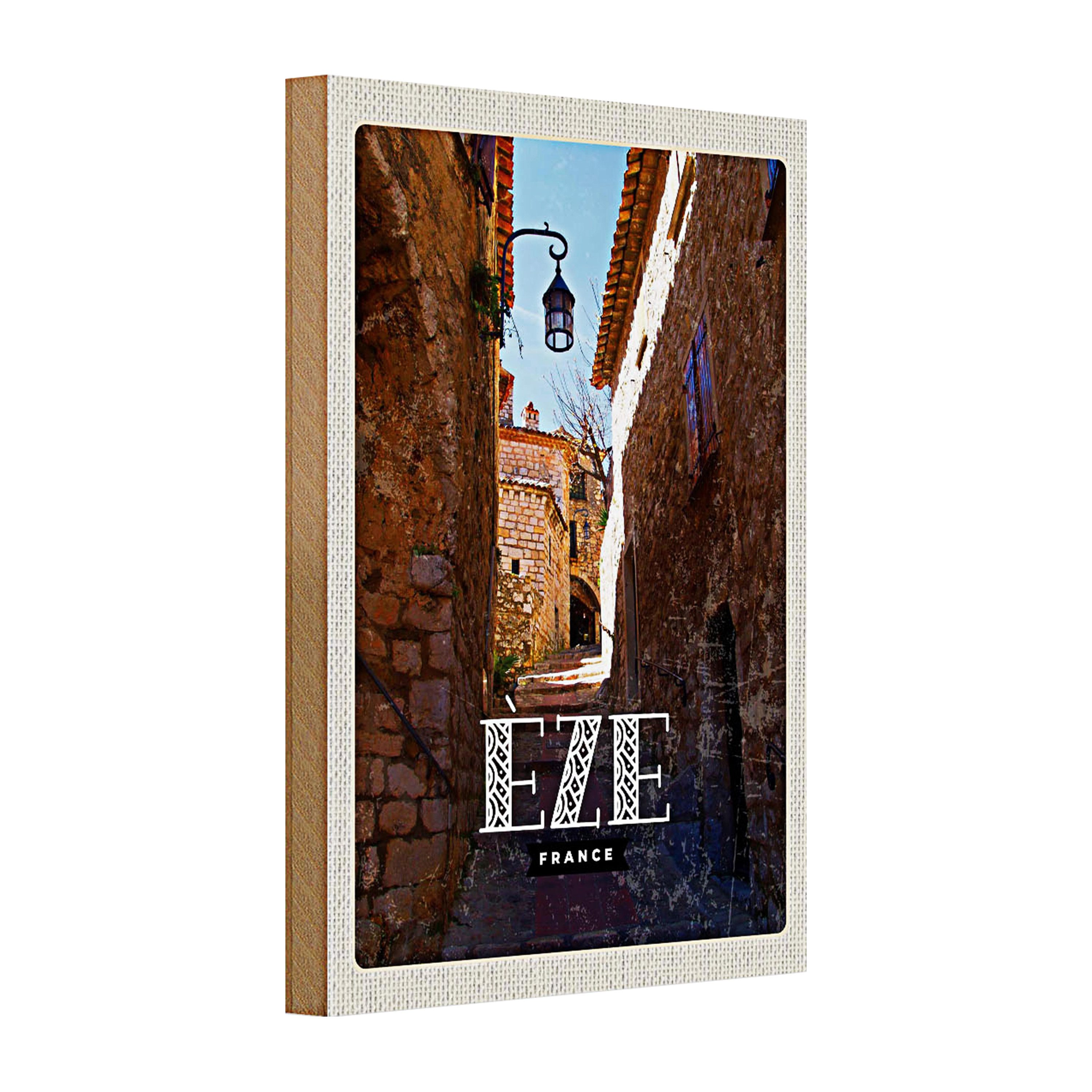 Roomando Holzbild Holzschild Reise 20x30cm Retro Eze France Mittelalter Stadt