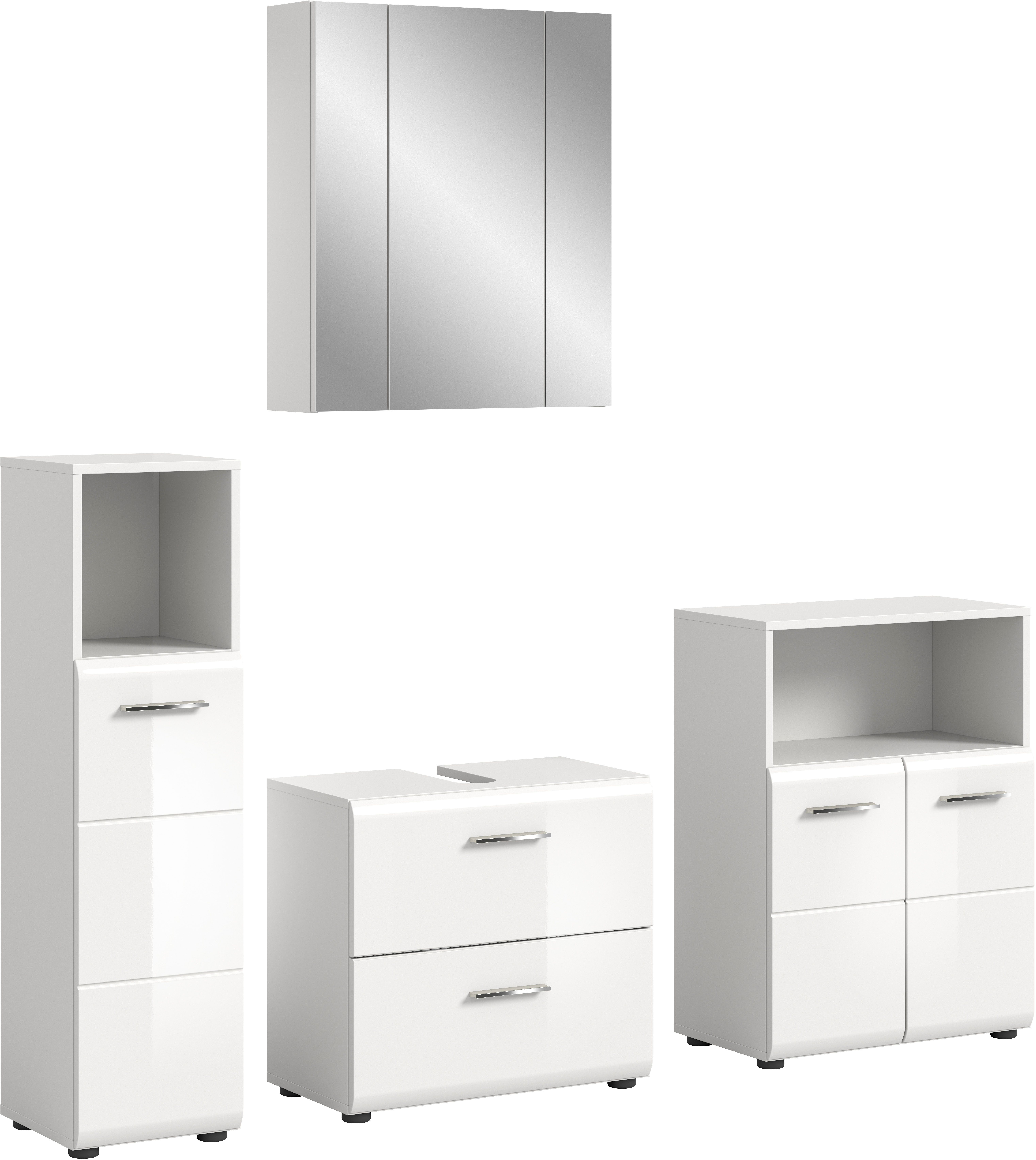 welltime Badmöbel-Set FLORENZ, 4-teilige Badkombination, hochwertige MDF-Front, (Set, Midischrank hoch, WBU, Spiegelschrank, Midischrank breit), Bad-Kombination, Bad-Möbel, Badezimmer, Kombination, Kombi