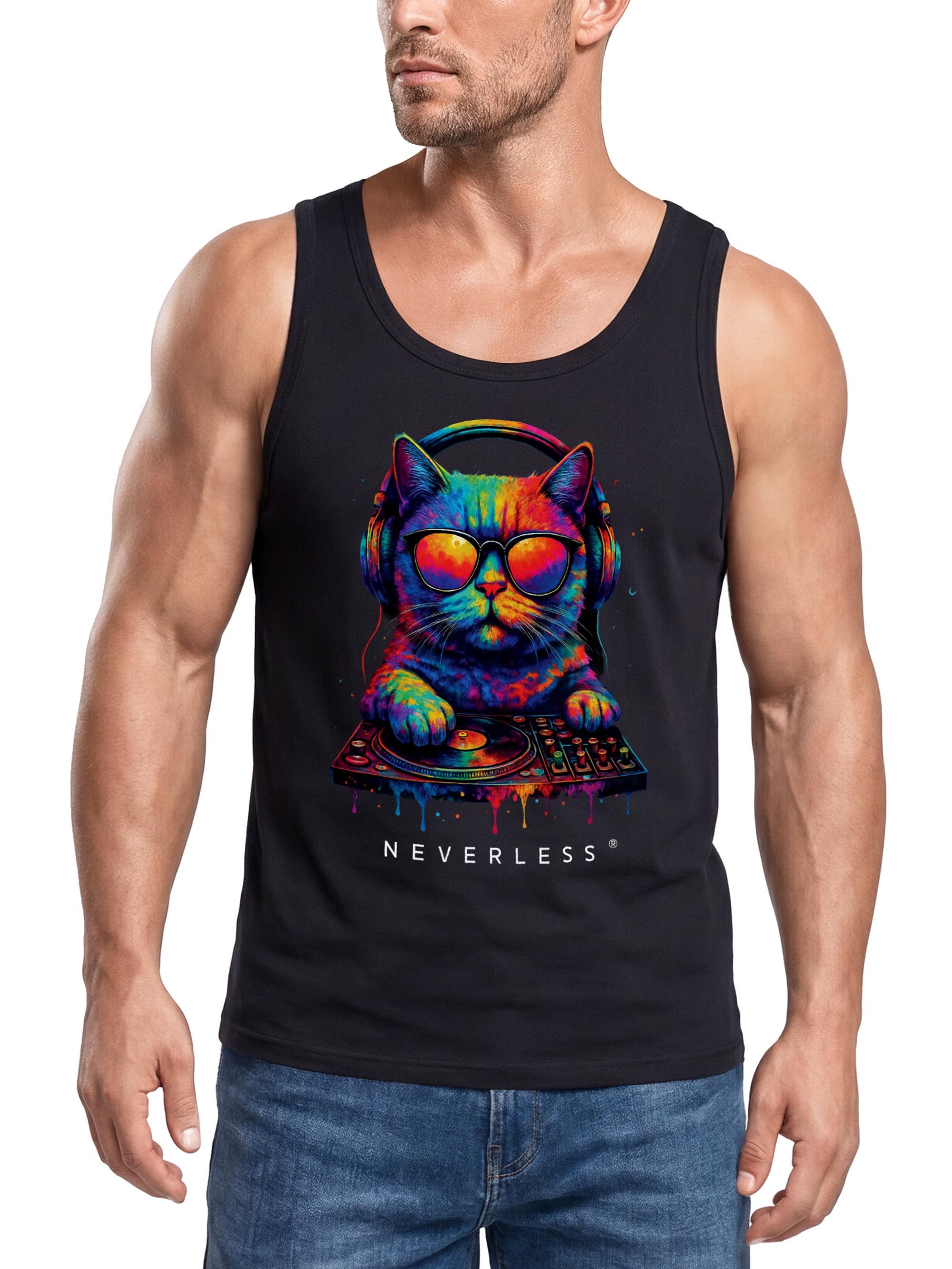Neverless Tanktop Herren Tank-Top DJ Katze Musik Print Festival EDM Shirt mit mit Print