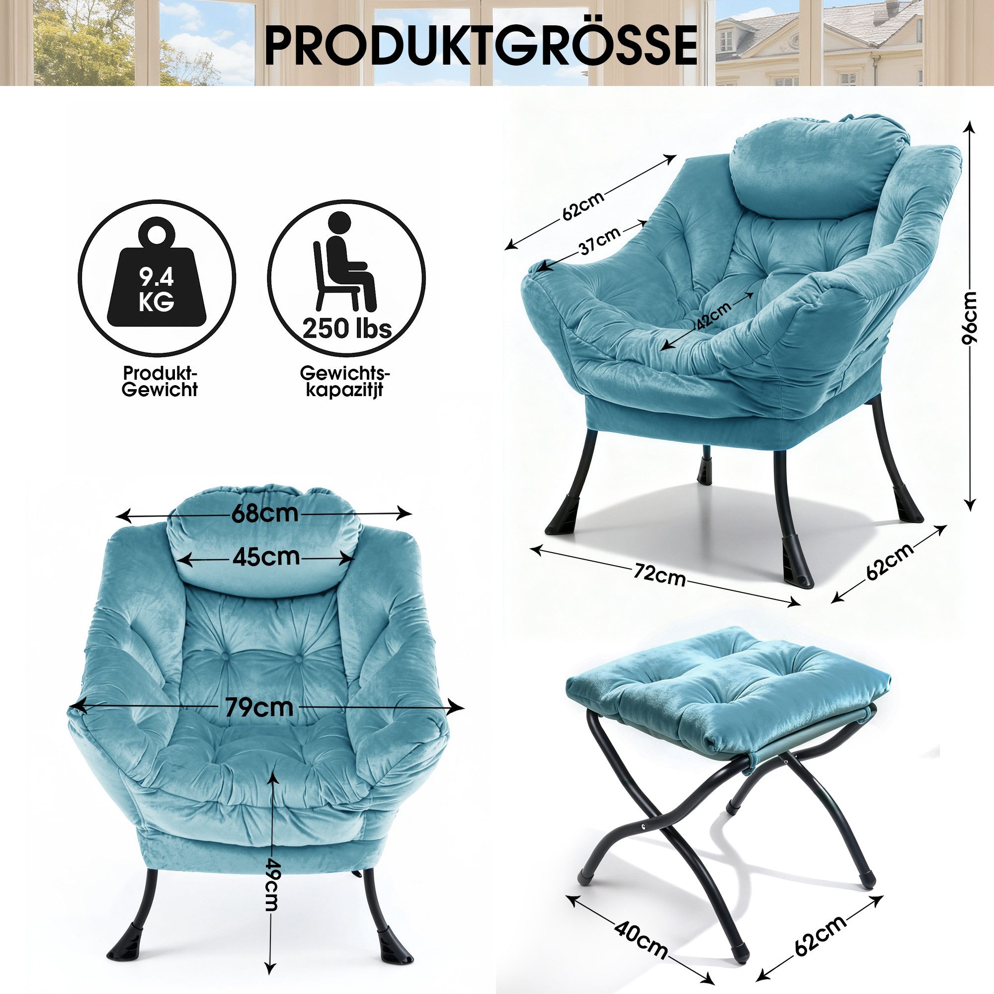 REDOM Relaxsessel Sessel mit Hocker (mit Armlehnen, Seitentasche & Fußstütze, Loungesessel, Fernsehsessel, Ohrensessel für Wohnzimmer, Schlafzimmer, Büro, 1-St)