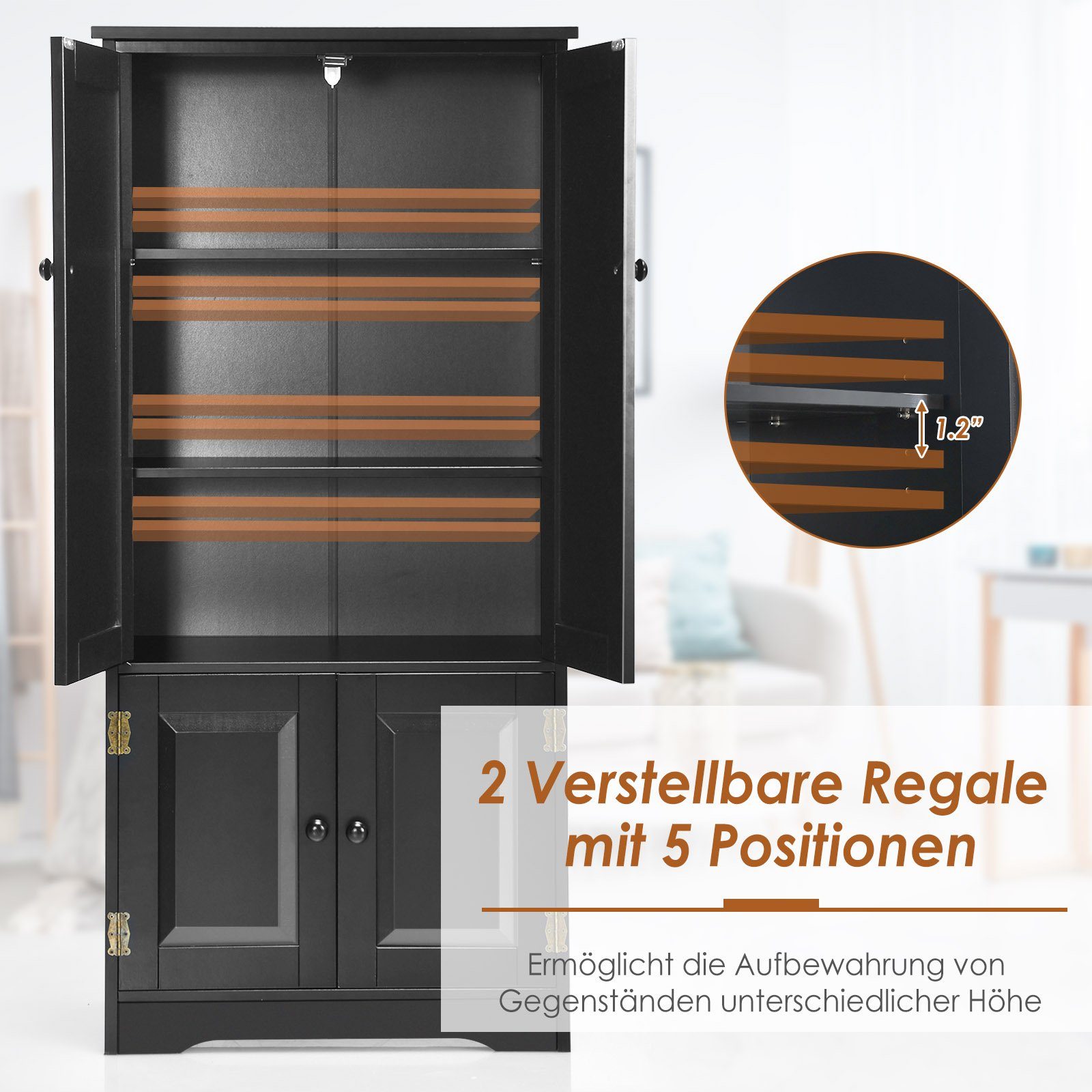 COSTWAY Mehrzweckschrank 58,5x31,5x123cm Schwarz Holz, Türen&verstellbarem mit Regal