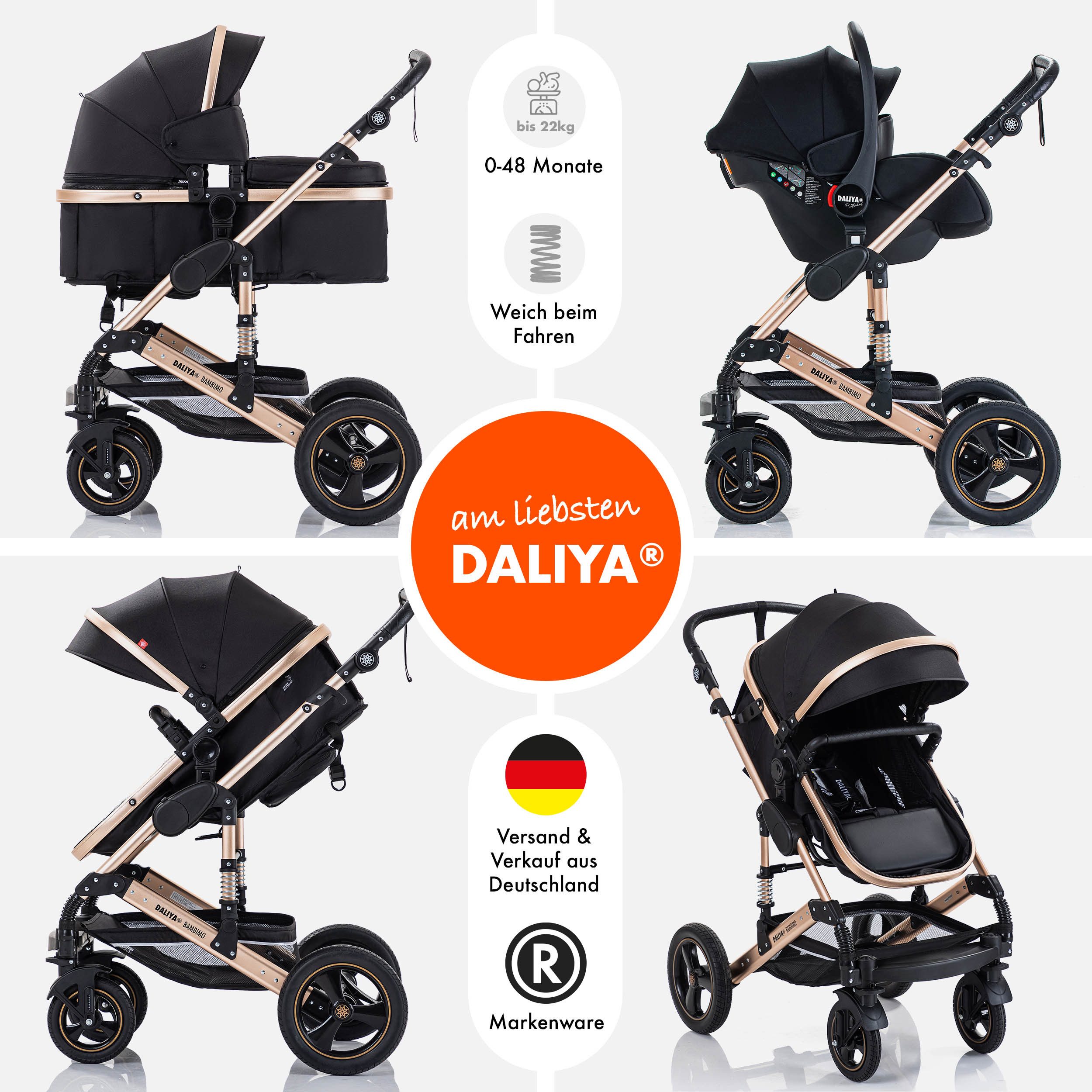 Daliya® Kombi-Kinderwagen BAMBIMO 3in1 Kinderwagen & Buggy mit Auto-Babyschale und Adapter, (XXL-Set inkl. Wickeltasche und Spieltisch, 15-tlg), Babyschale, Airless-Räder, Federung, weiche Matratze, Belüftungssystem