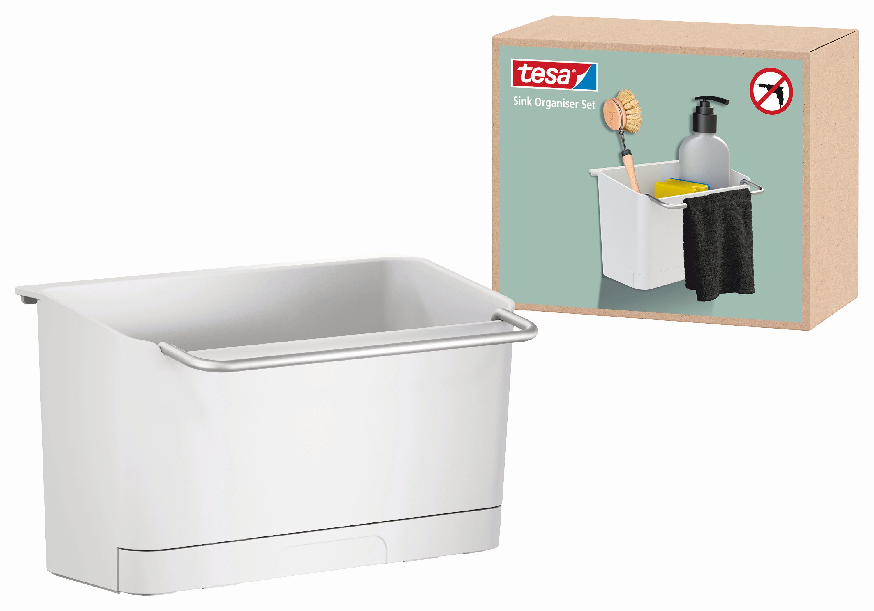 tesa Küchenorganizer-Set tesa Küchenzubehör Spülbecken Organizer - selbstklebende Halterung, (Komplett-Set, 2-tlg., Spülbeckenablage, Adapter, tesa Power.Kit Klebelösung, Wasserwaage), Wandhalterung für Spülutensilien, Montage ohne Bohren