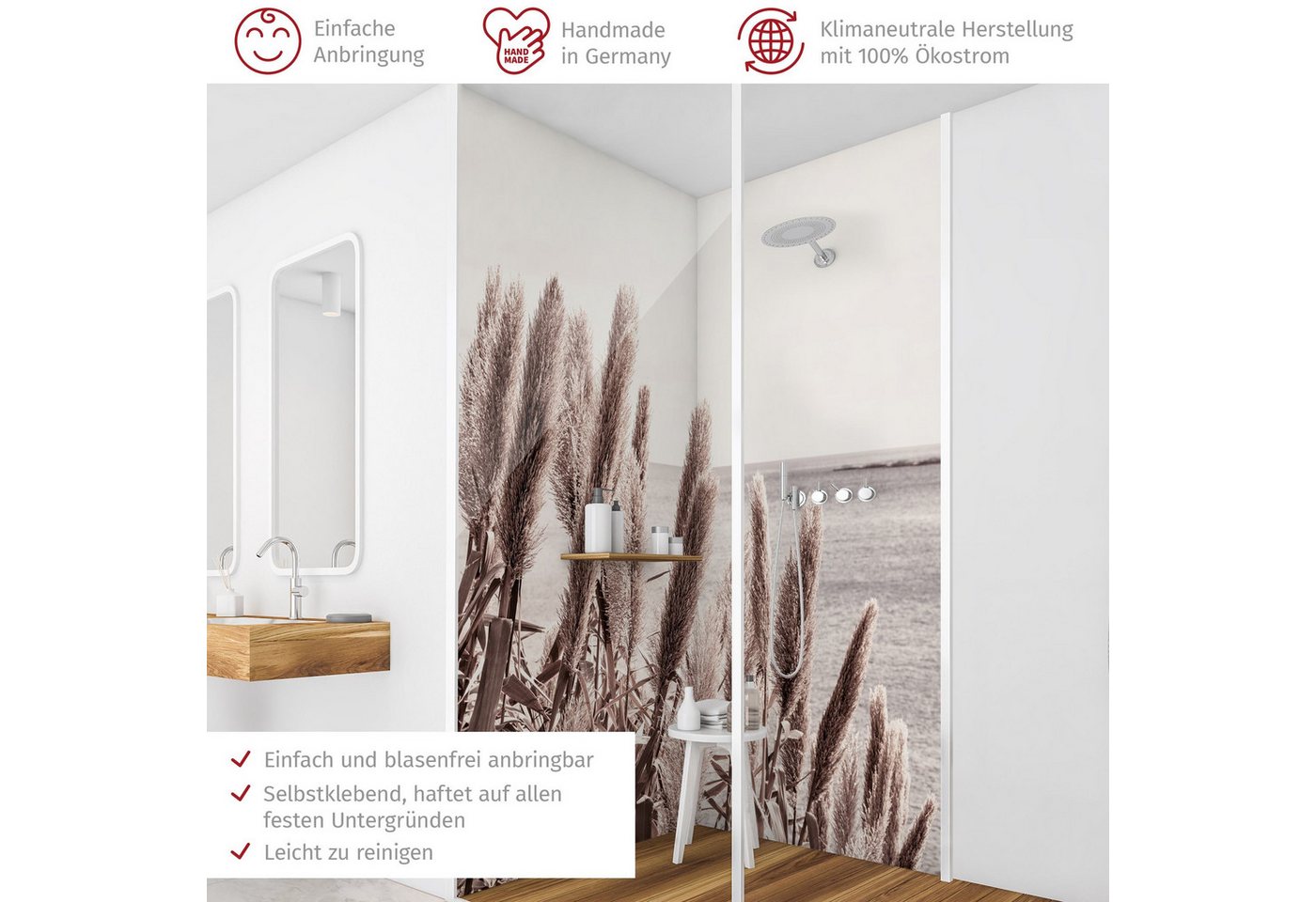 Thumbnail - Bilderdepot24 Badrückwand Landhausstil beige Duschrückwand ohne Bohren Tropisch, (2-tlg., Hart-Folie Smart matt 0,35 mm)...