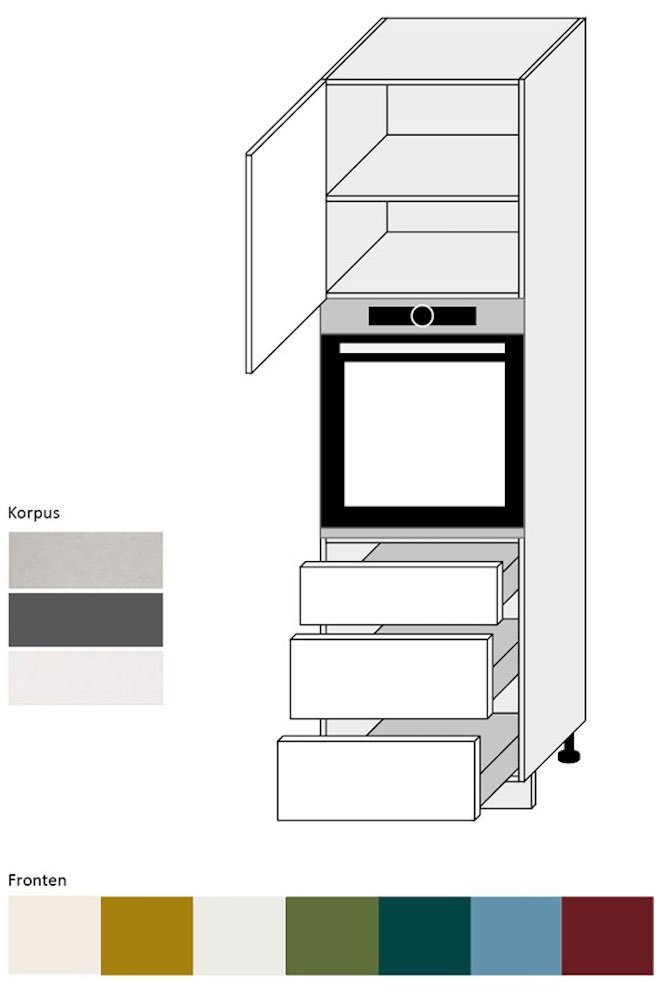 Korpusfarbe Rimini & pastellblau RAL wählbar 5024 Front- 1-türig (Rimini) Backofenumbauschrank 60cm matt Feldmann-Wohnen Schubladen (Vollauszug) 3