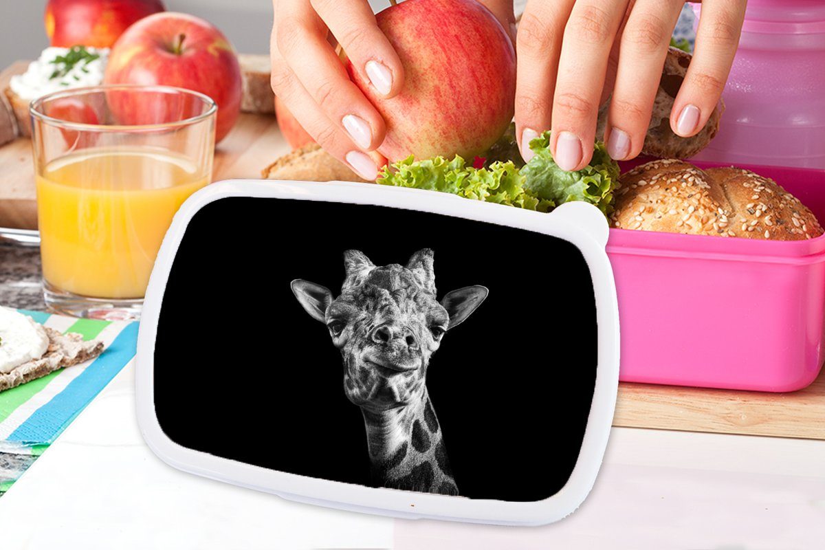 Tier Snackbox, (2-tlg), MuchoWow Weiß, Kunststoff Mädchen, Kunststoff, - Brotdose Kinder, Giraffe für Brotbox Erwachsene, - - rosa Schwarz Lunchbox