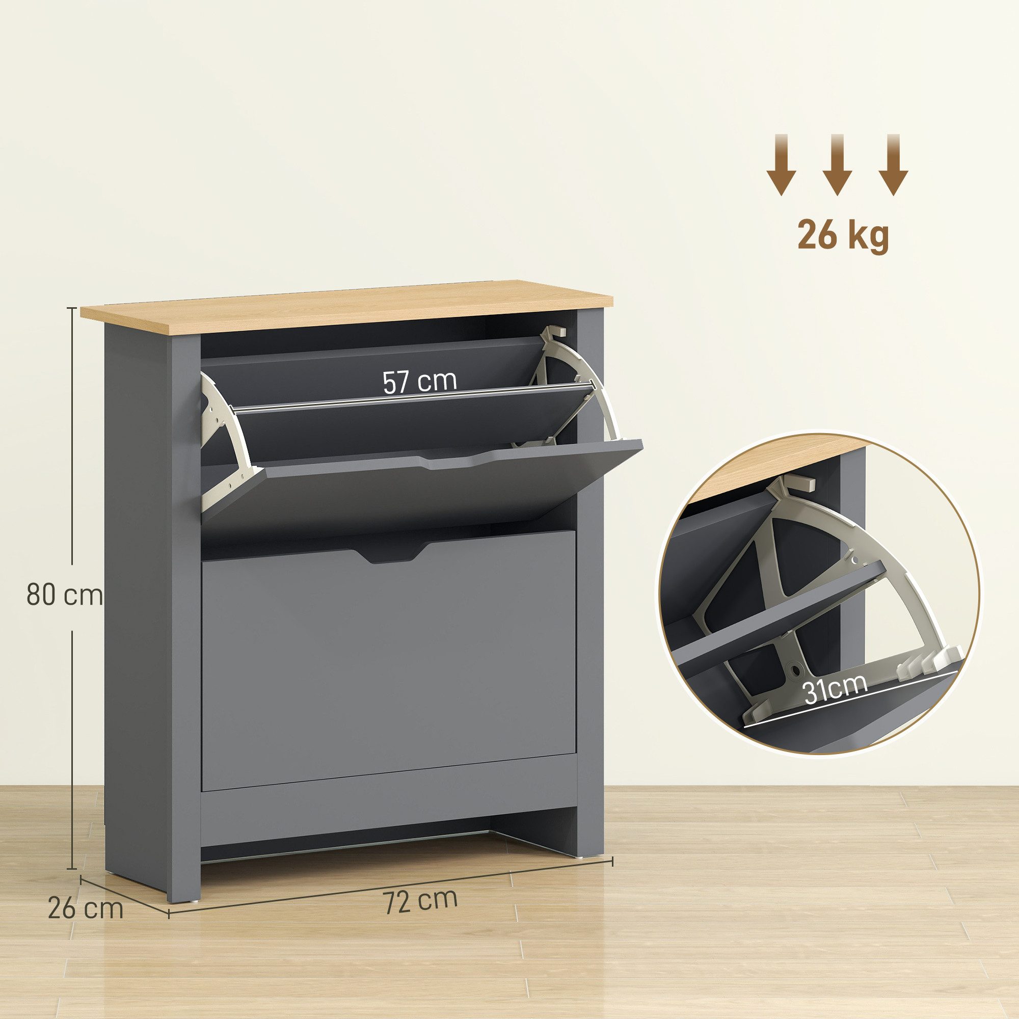 HOMCOM Schuhkipper verstellbar Trennwand Schuhregal (Schuhkommode, 1 St., Schuhaufbewahrung), für 12 Paar Schuhe 72 x 26 x 80 cm, Dunkelgrau