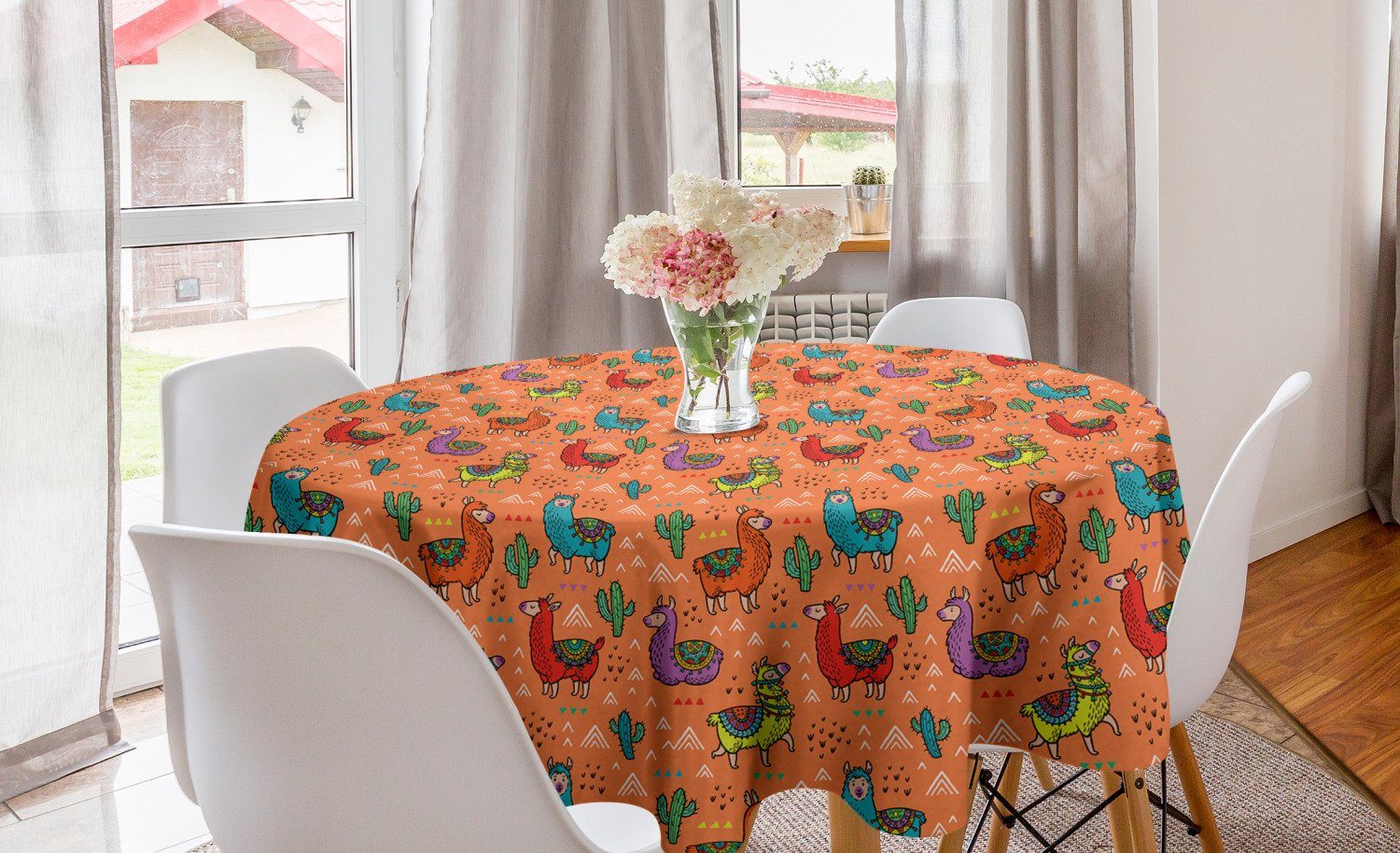 Abakuhaus Tischdecke Kreis Tischdecke Abdeckung für Esszimmer Küche Dekoration, Kaktus Bunte Alpacas Blume