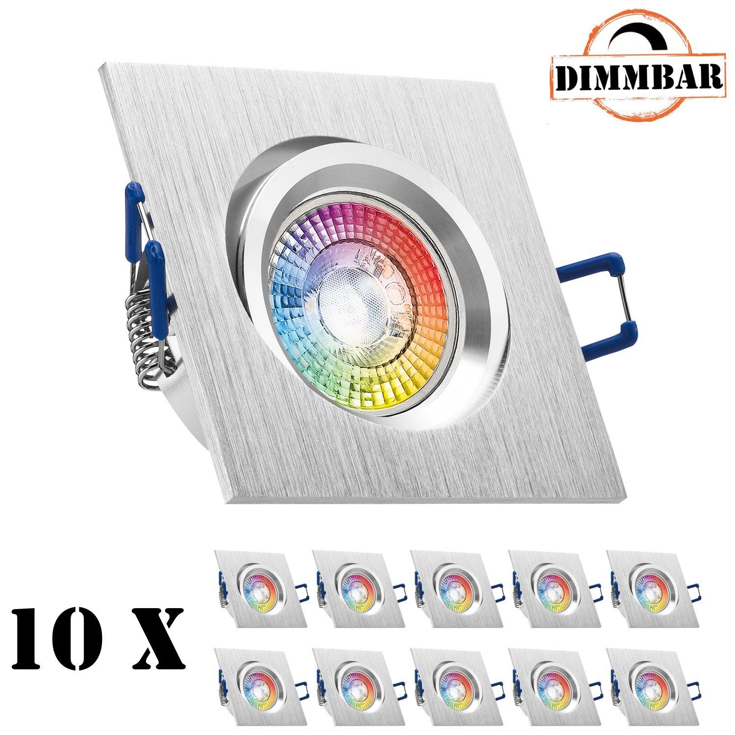 LEDANDO LED Einbaustrahler 10er RGB LED Einbaustrahler Set GU10 in aluminium gebürstet mit 3W LED | Strahler