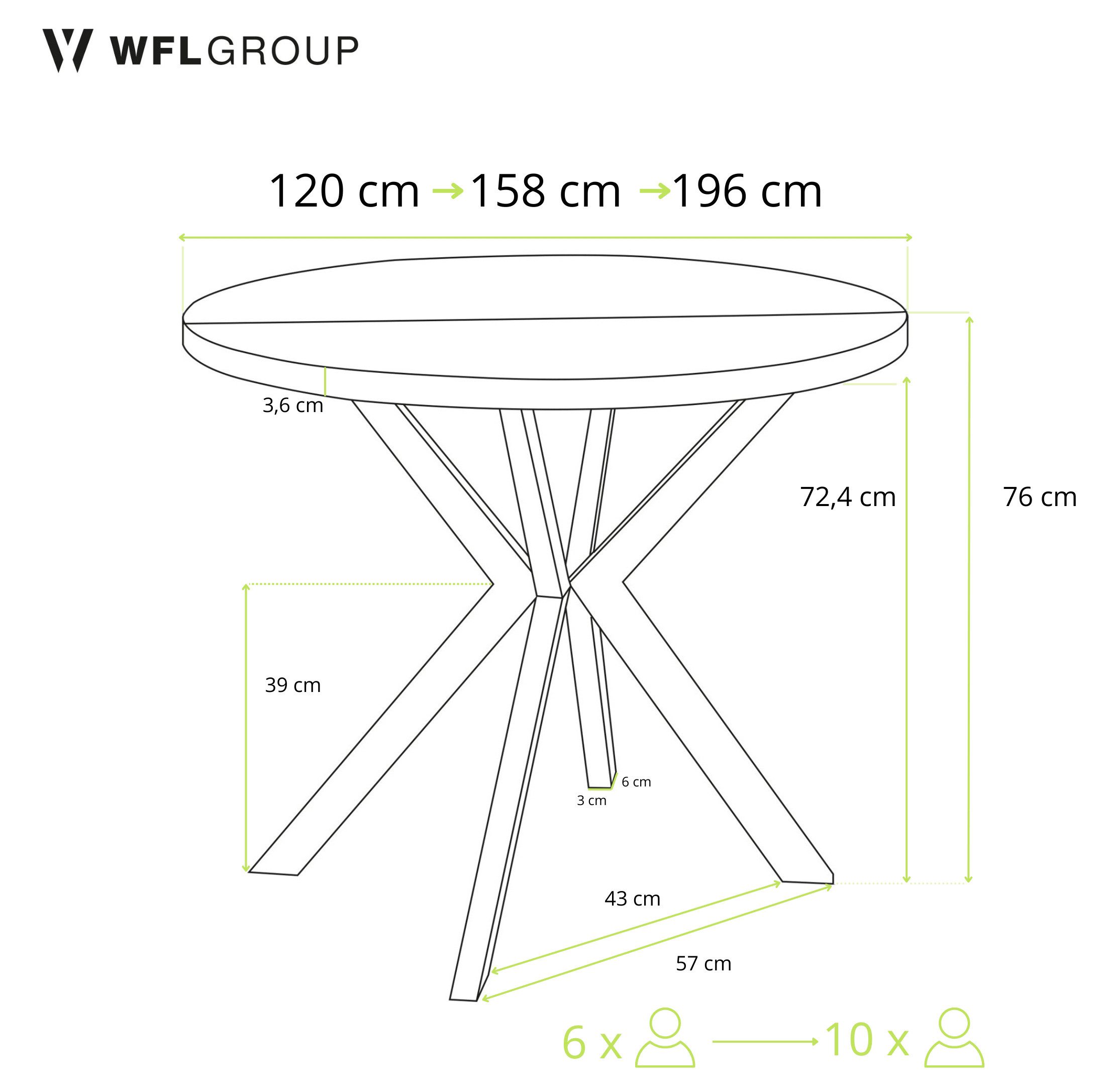 WFL GROUP Esstisch Ross ausziehbar rund industrial mit schwarzen Metallbeinen (MADE IN EU, erhältlich in 3 Größen – 90/100/120 cm ausziehbar auf 170/180/200 cm), platzsparender Tisch in Holzoptik für Küche, Esszimmer oder Wohnzimmer