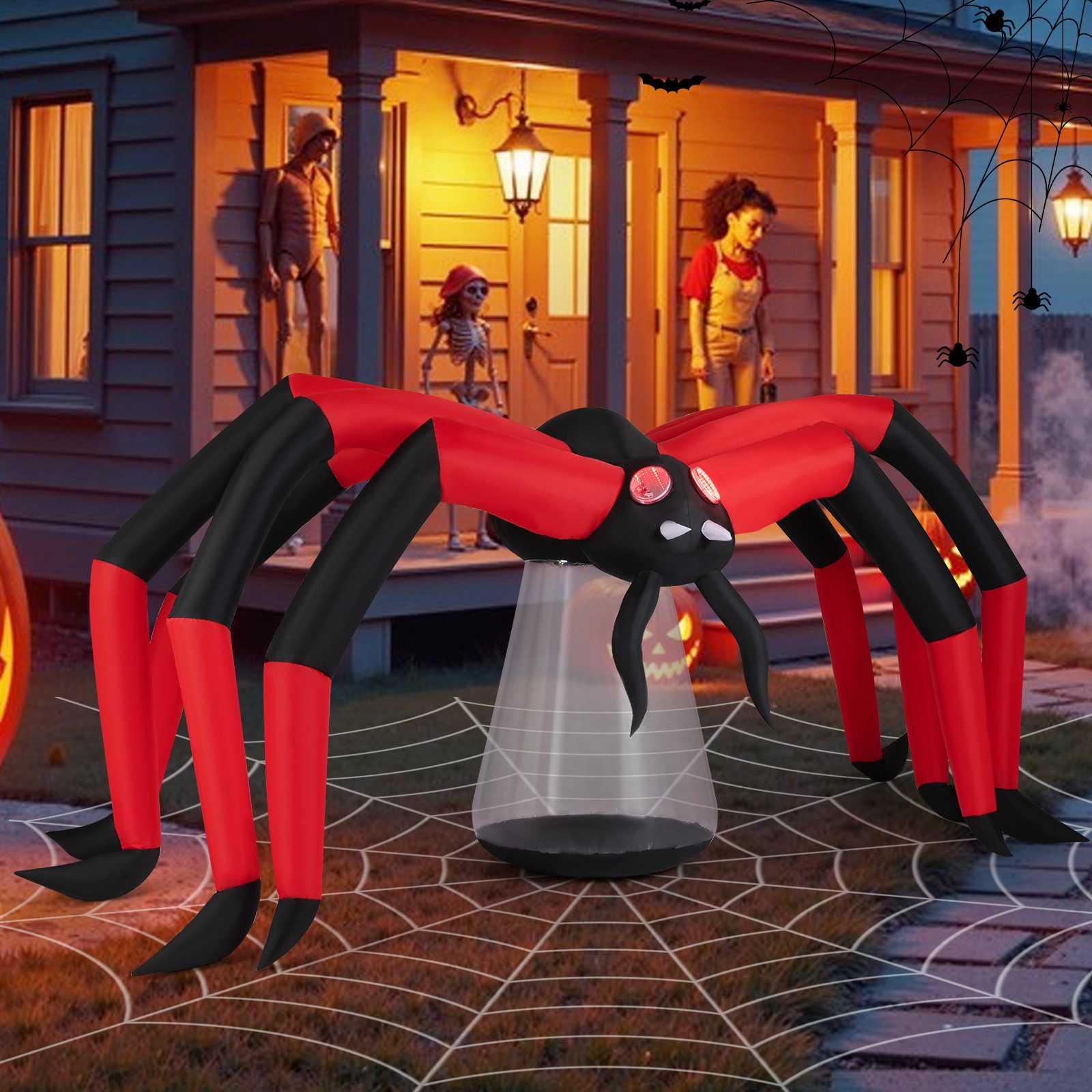 COSTWAY Dekoobjekt, Halloween aufblasbare Spinne mit roten Tunnellicht-Augen