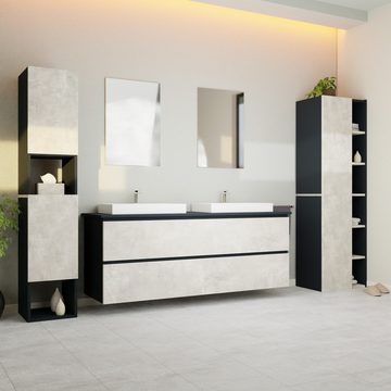 GARLIVO Waschbeckenunterschrank GLB-160 mit Schubladen, Badezimmer Waschtischunterschrank, Beton Breite 160cm, Soft-Close, Push-to-Open/ Tip-On, Hängend