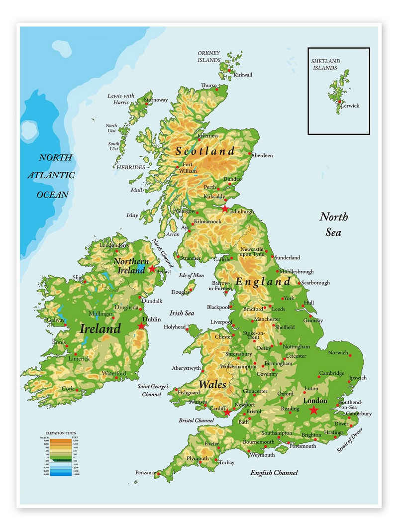 Posterlounge Poster Editors Choice, Topografische Karte von Großbritannien und Irland (Englisch), Wohnzimmer Illustration