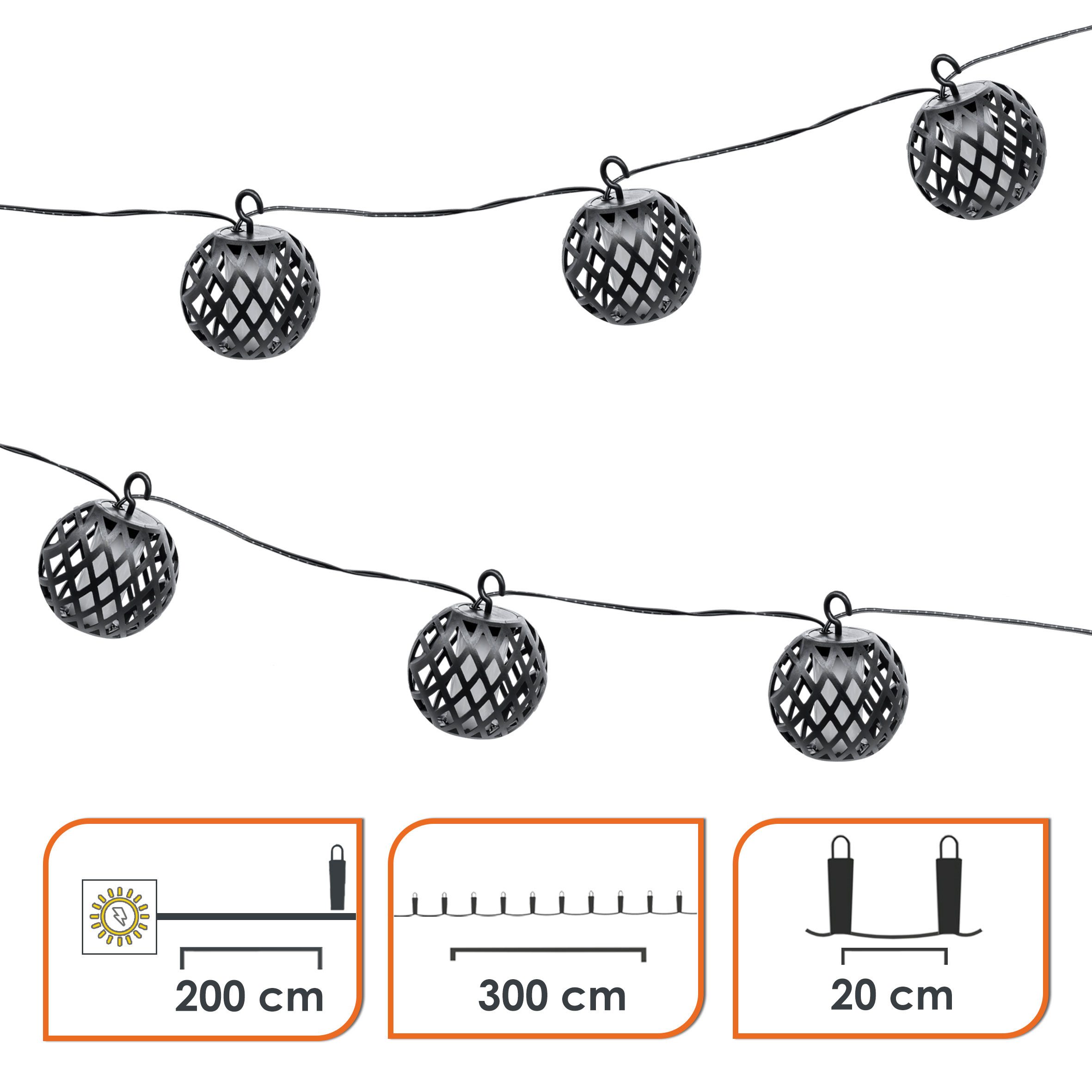 Spetebo LED-Lichterkette Solar Lichterkette 6 runde Lampions schwarz, 6-flammig, mit Flammen Effekt