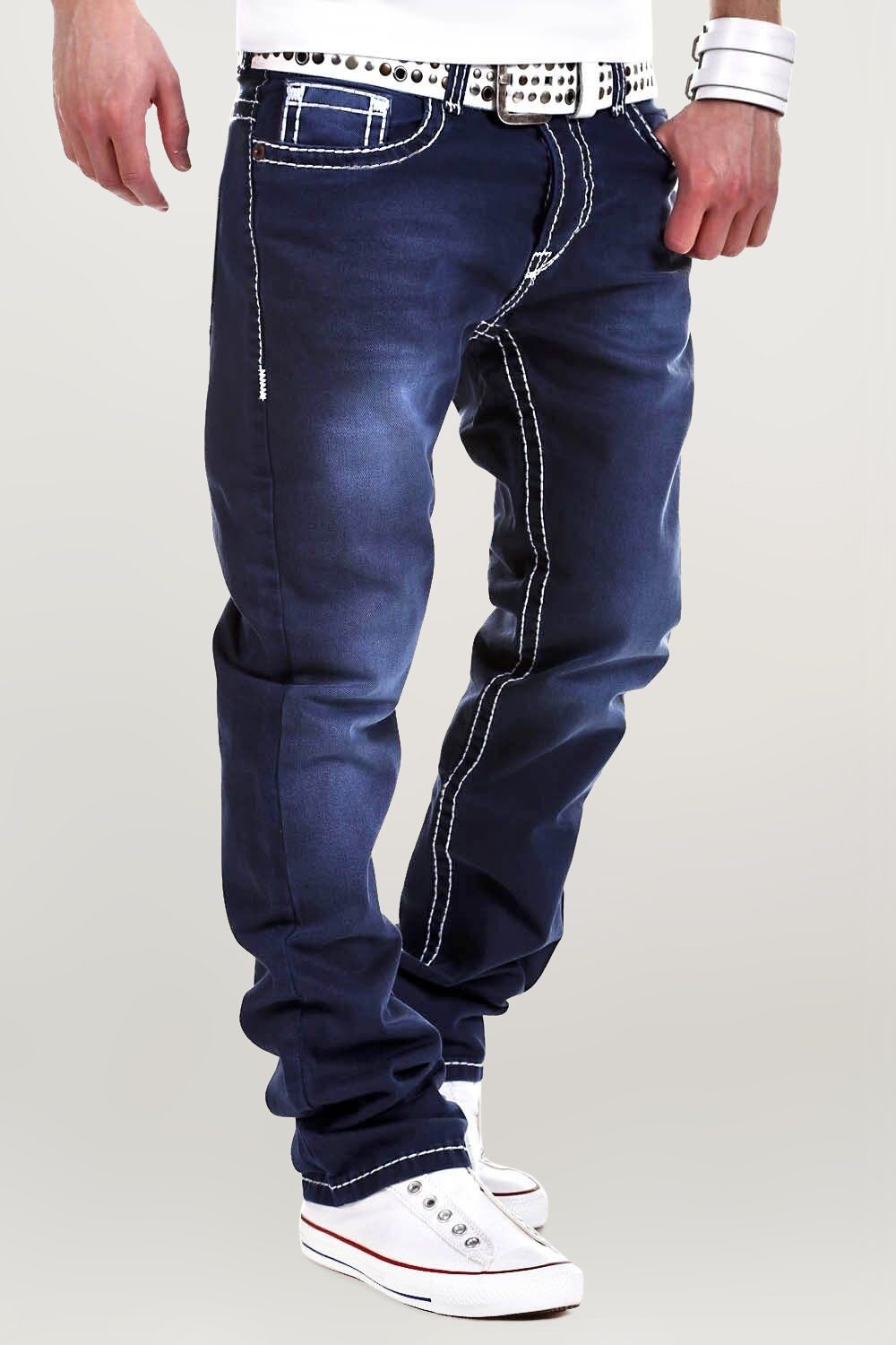 behype Bequeme Stitch mit dicken Kontrastnähten Jeans dunkelblau