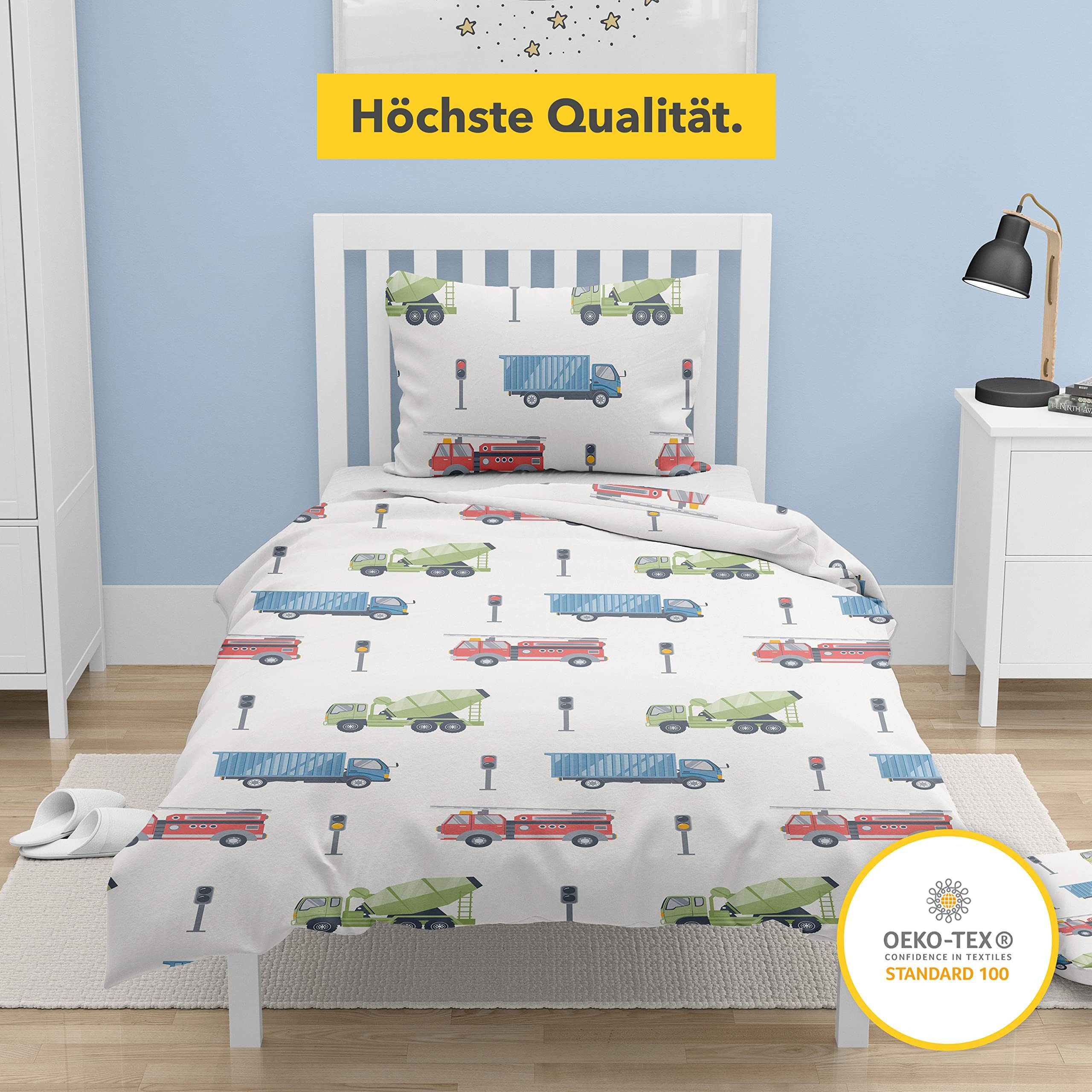 Träumschön Jugendbettwäsche Premium Set aus Baumwolle 135x200 cm, Baustellenfahrzeuge bunt, Baumwolle, 2 teilig, mit Reißverschluss, luftig und leichte Sommerbettwäsche für Kinder