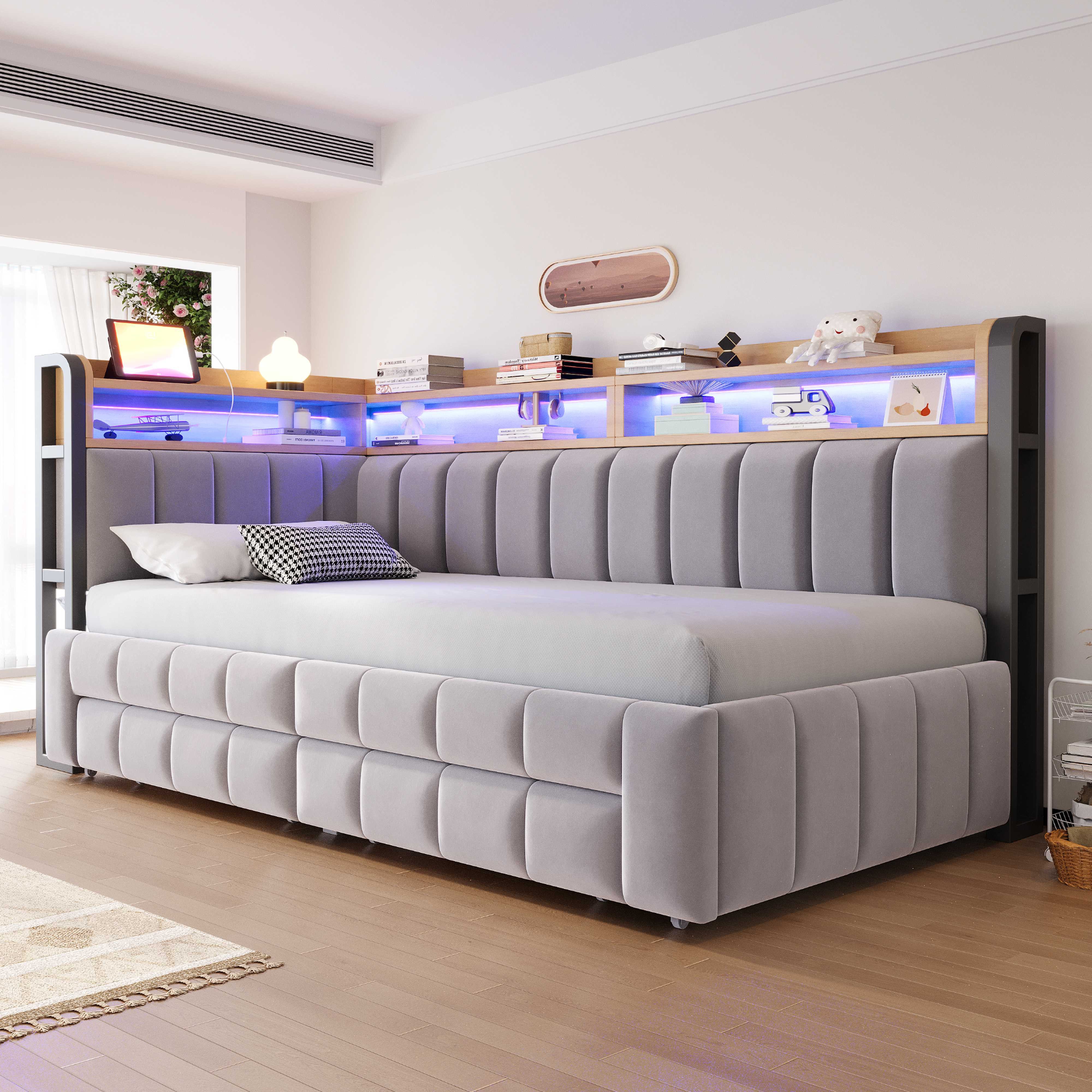 BlingBin Polsterbett Schlafsofa Tagesbett 90/180×200cm mit Ausziehbarem Bettteil,Samtstoff (2 Packung, 1-tlg., mit LED-Beleuchtung, USB- und Typ-C-Anschlüssen,Hellgrau), Daybett mit Stauraumschubladen, Ablage und Staufächern,Samtstoff