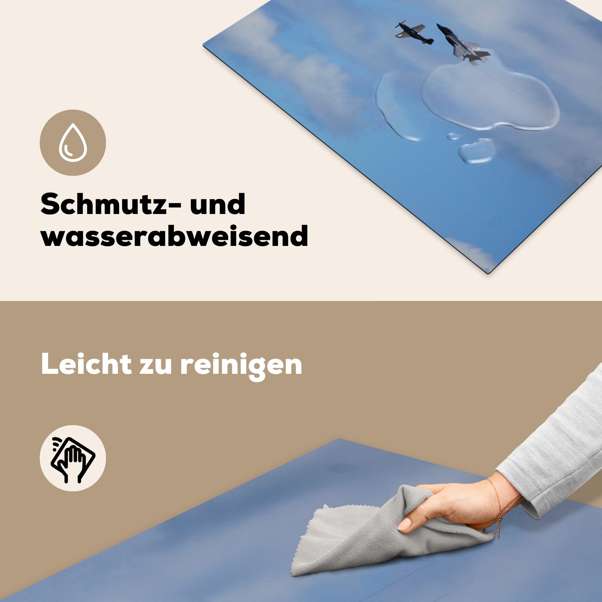 MuchoWow Herdblende-/Abdeckplatte Ein 70x52 Vinyl, neben nutzbar, cm, einem tlg), Mobile Arbeitsfläche Propellerflugzeug Ceranfeldabdeckung fliegt (1 Militärflugzeug