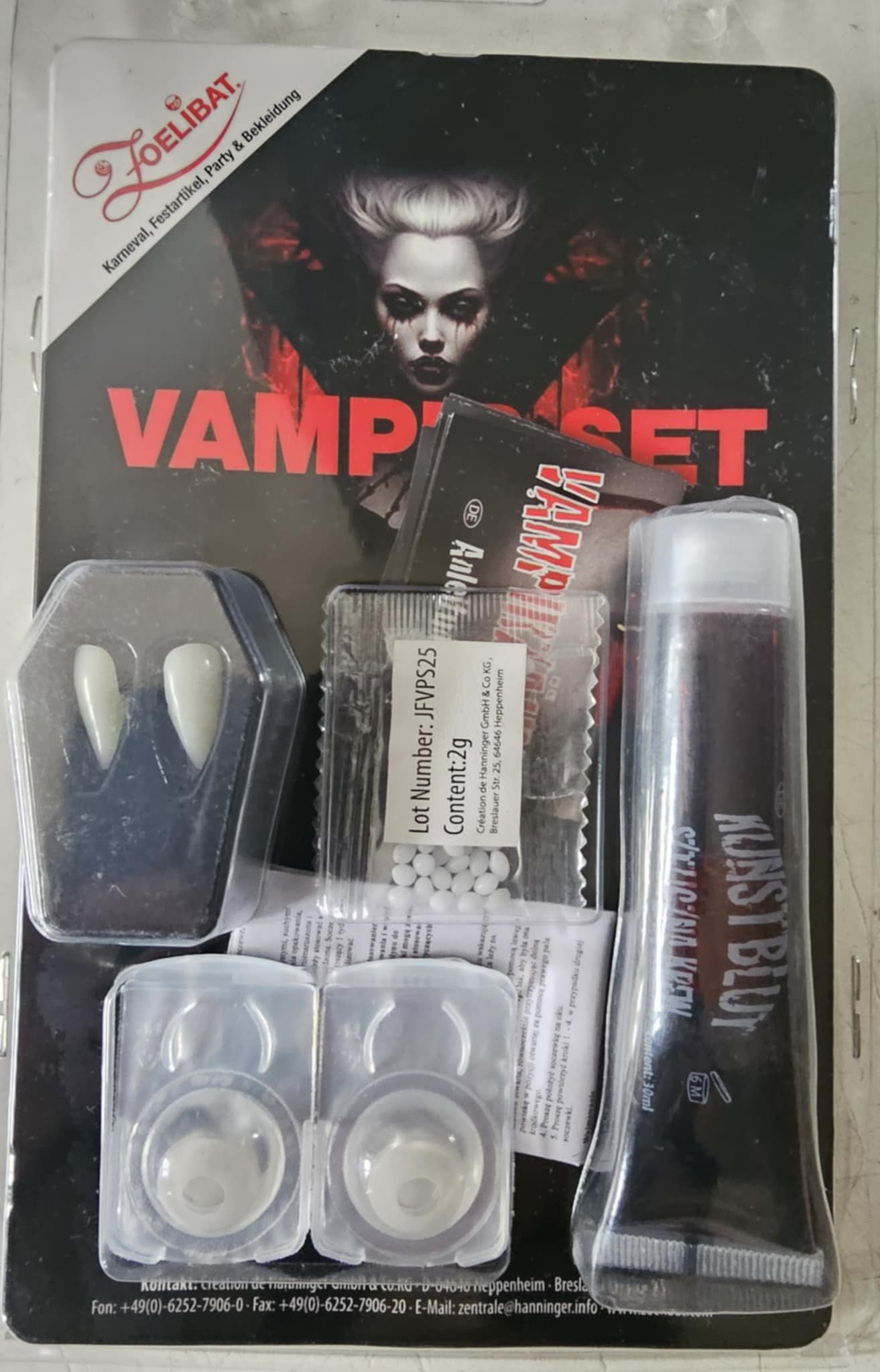 Zoelibat Vampir-Kostüm Vampir Set mit Kontaktlinsen Vampirzähne Kunstblut Halloween Karneval, 3-Tlg Vampir Set