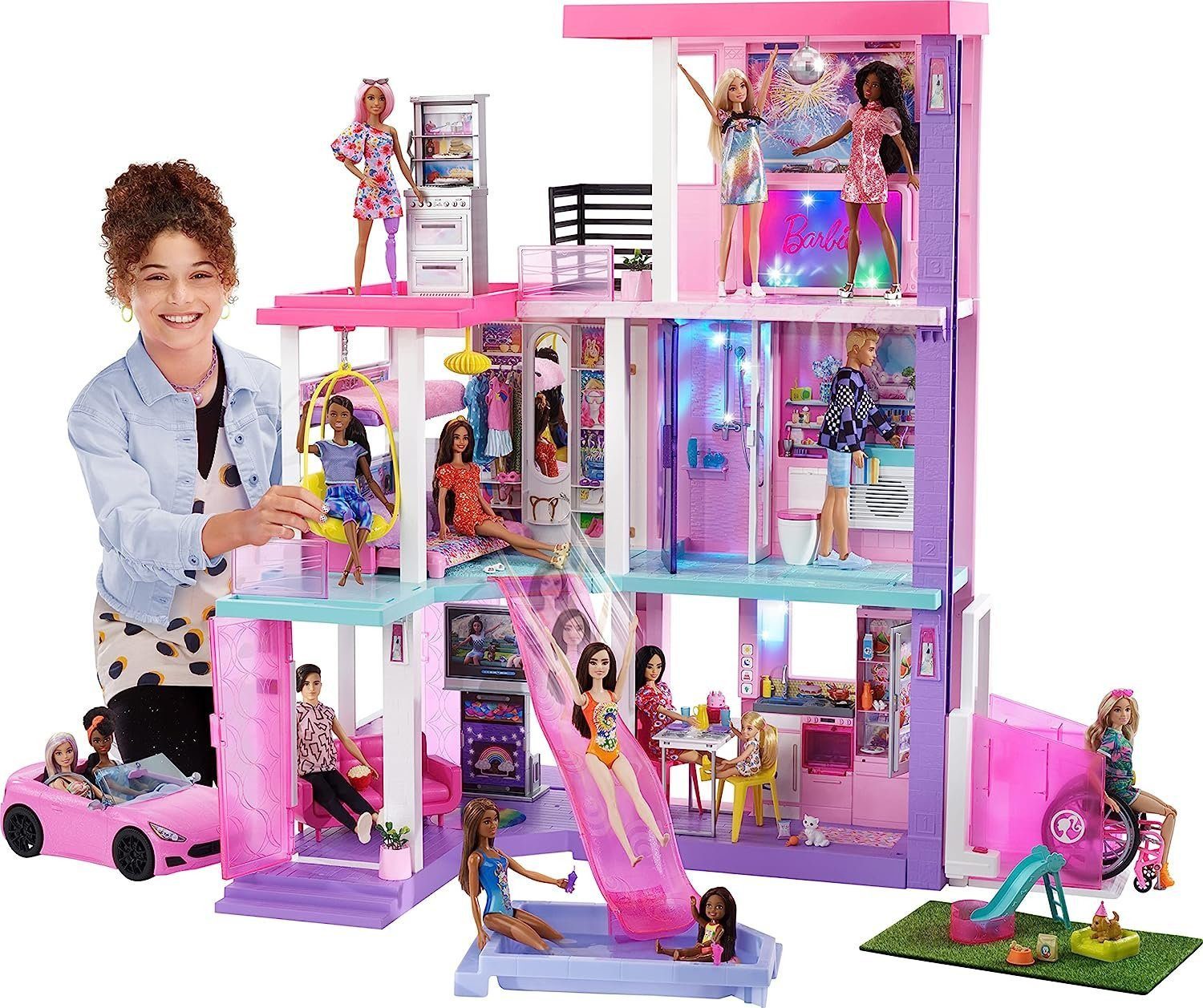 Barbie Puppenhaus Jubiläums Edition, 3-stöckiges Puppenhaus mit 6 Zimmern, Barbie-Pool, (Dreamhouse, Puppen Haus, Puppenhäuser, Set, mit Rutsche, 100-tlg., ab 3 jahren, Puppenvilla Dollhouse, Film, Beleuchtung), Puppenhaus Barbie xxl groß, The Movie, Barbiehaus, Puppenstube Puppen