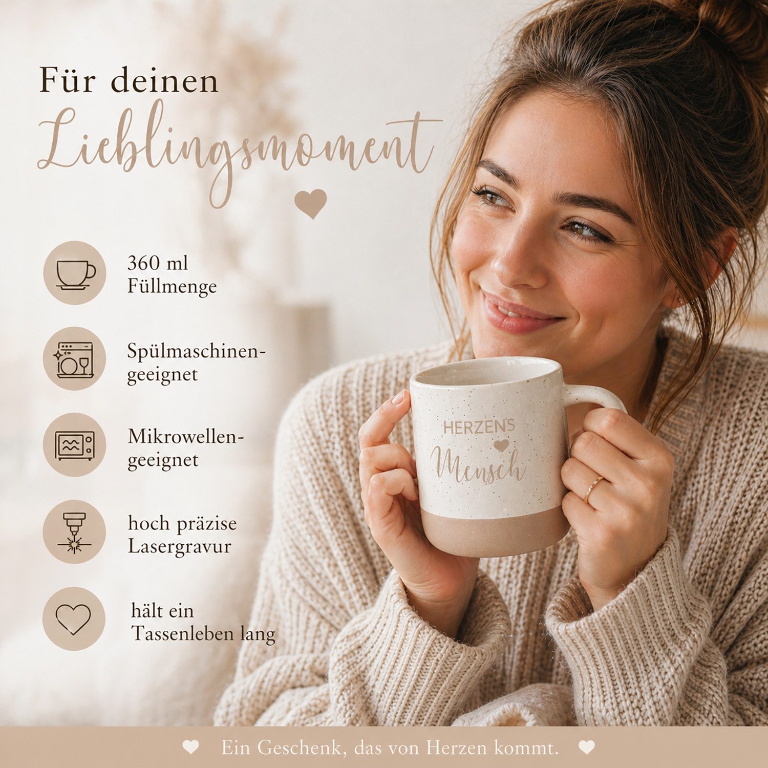 Camolo Tasse Kaffeetasse Herzensmensch aus Steingut - 360 ml Geschenk, Keramik – Bild 3 von 5