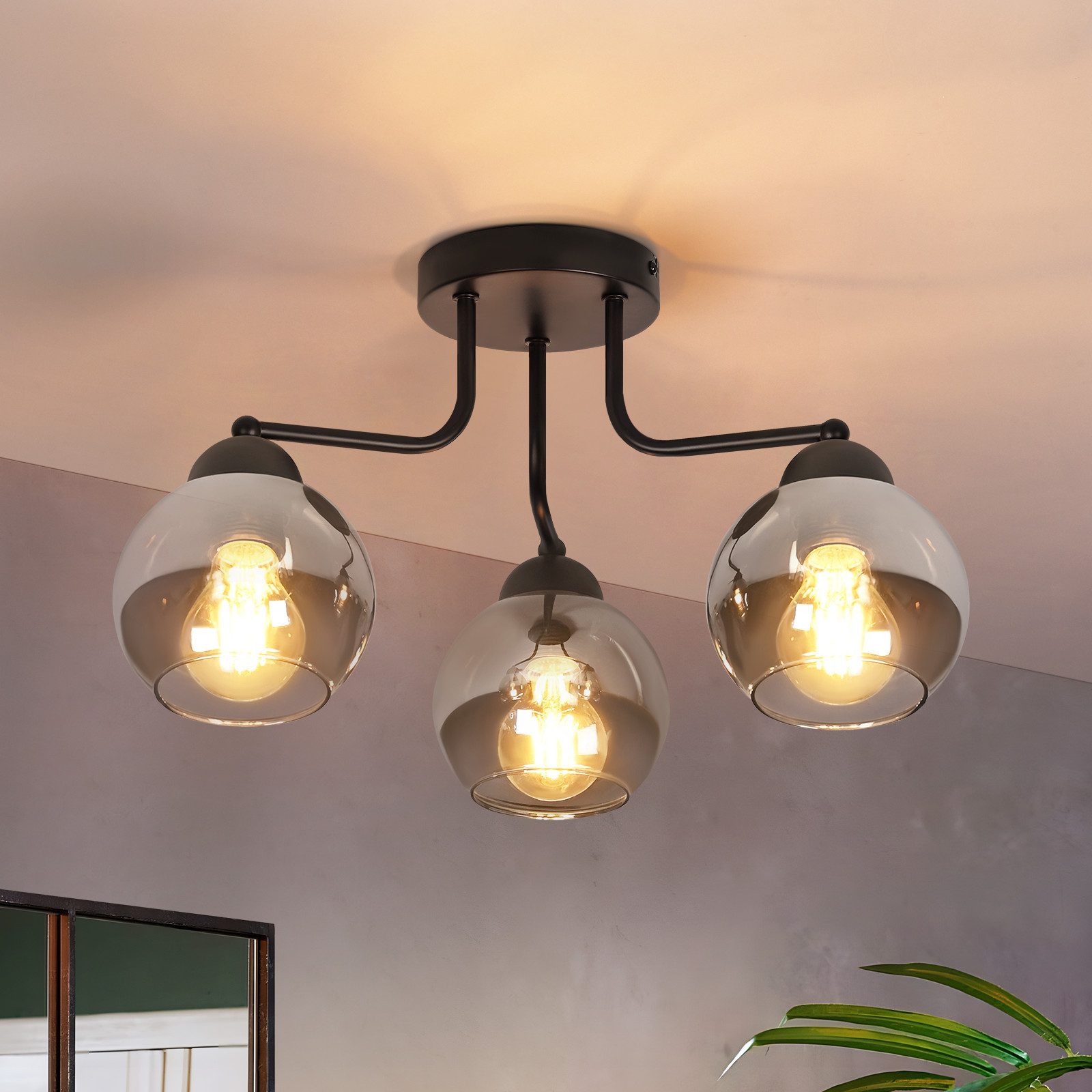 ZMH Deckenleuchte 3/5 flammig E27 Glas Vinatge Kugel Flurlampe, Einfache Installation, ohne Leuchtmittel, schwarz Industrial rund Deckenlampe