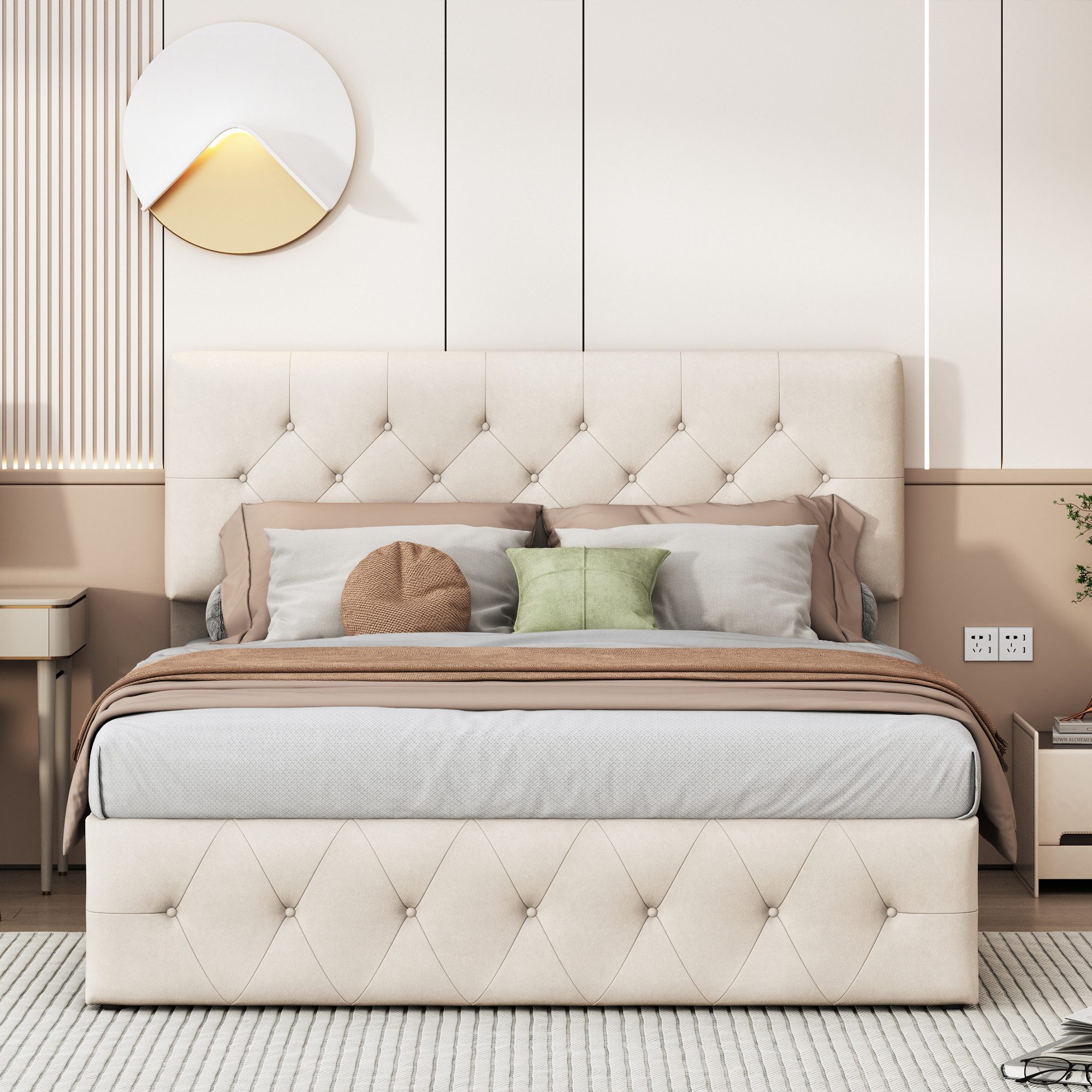 zebery Polsterbett Doppelbett Boxspringbett (Set, 1-tlg., 140x200cm Bettgestell mit Stauraum), Höhenverstellbarem Kopfteil,Samt,Beige