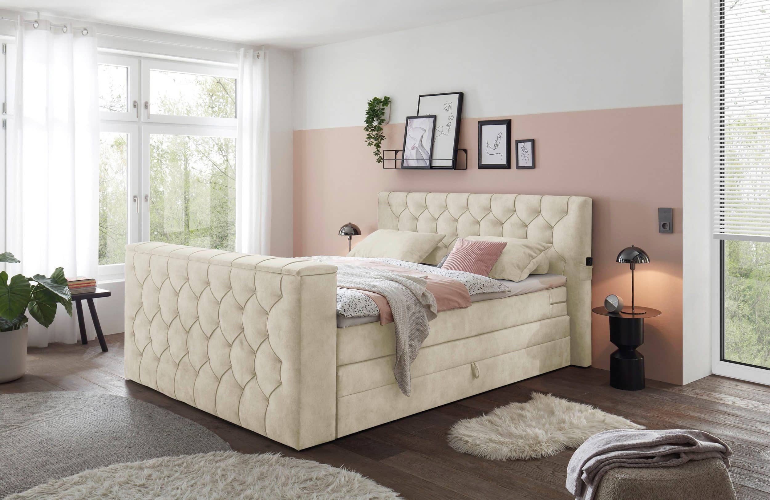 ED EXCITING DESIGN Boxspringbett Springdale - TV-Halterung, Bettkasten, Topper & Wendematratze H3/H4 (Komplettbett mit Topper, Matratze, Stauraum & TV-Halterung), Stauraum, TV-Halterung, Gel-Lux-Topper, Wendematratze H3/H4