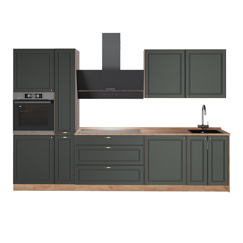 Vicco Küchenzeile Fame-Line, Grün-Gold Landhaus/Goldkraft Eiche, 310 cm, AP Eiche