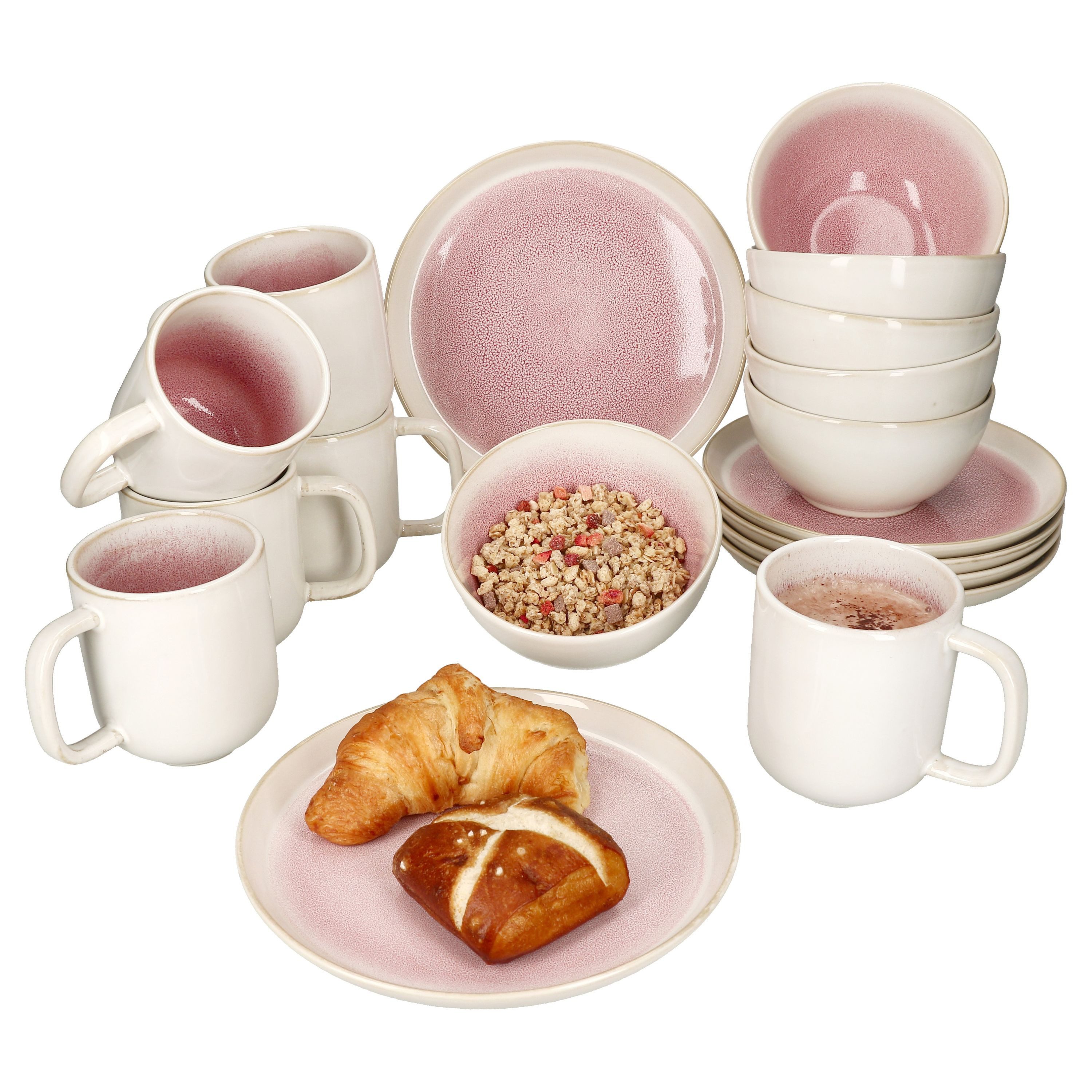 Frühstücks-Geschirrset 18tlg Frühstücksset Reactive Glaze Paris Teller Schalen Becher Pink