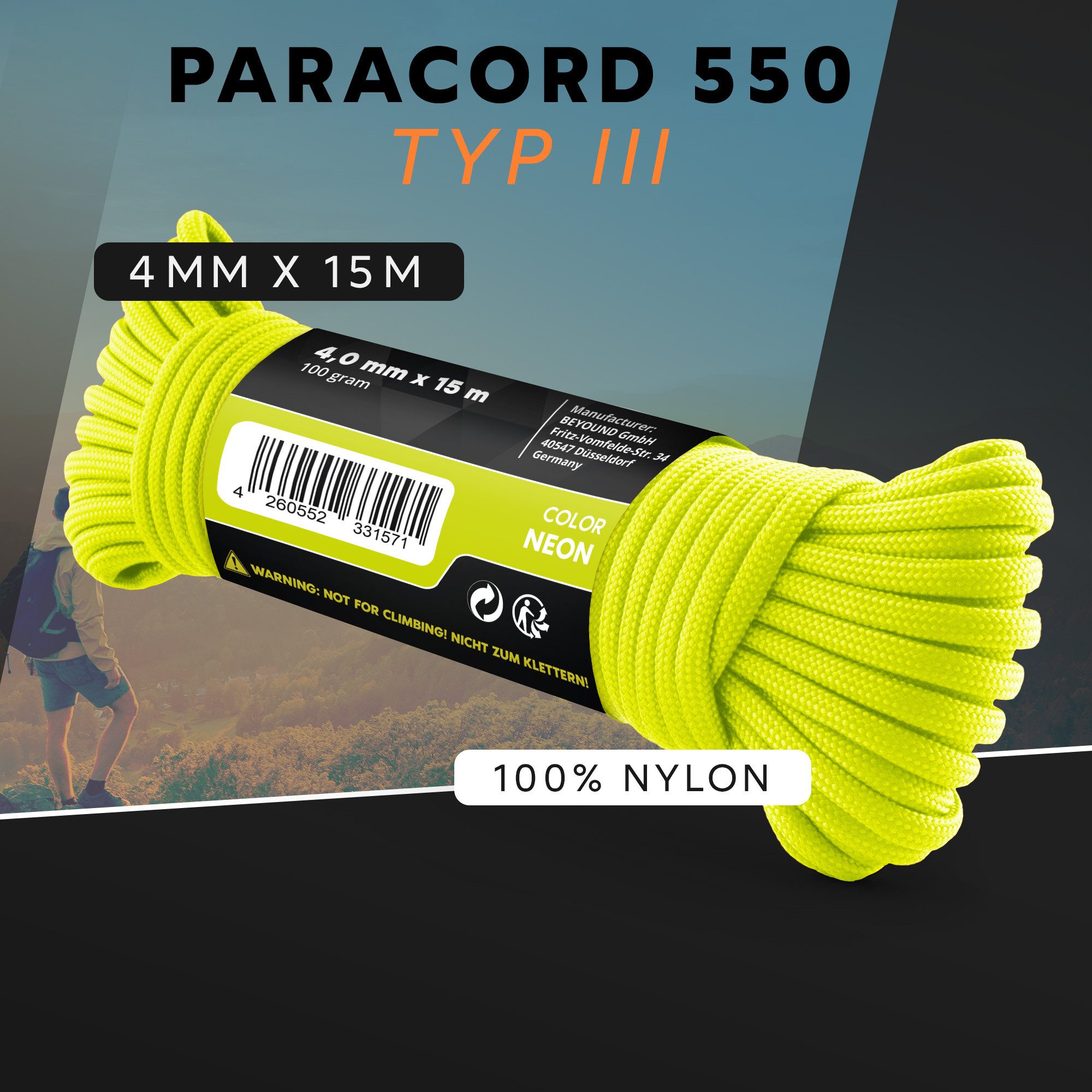 GO!elements Abspannleine Paracord 550 - 4mm, Paracord 550 aus reißfester Nylonschnur