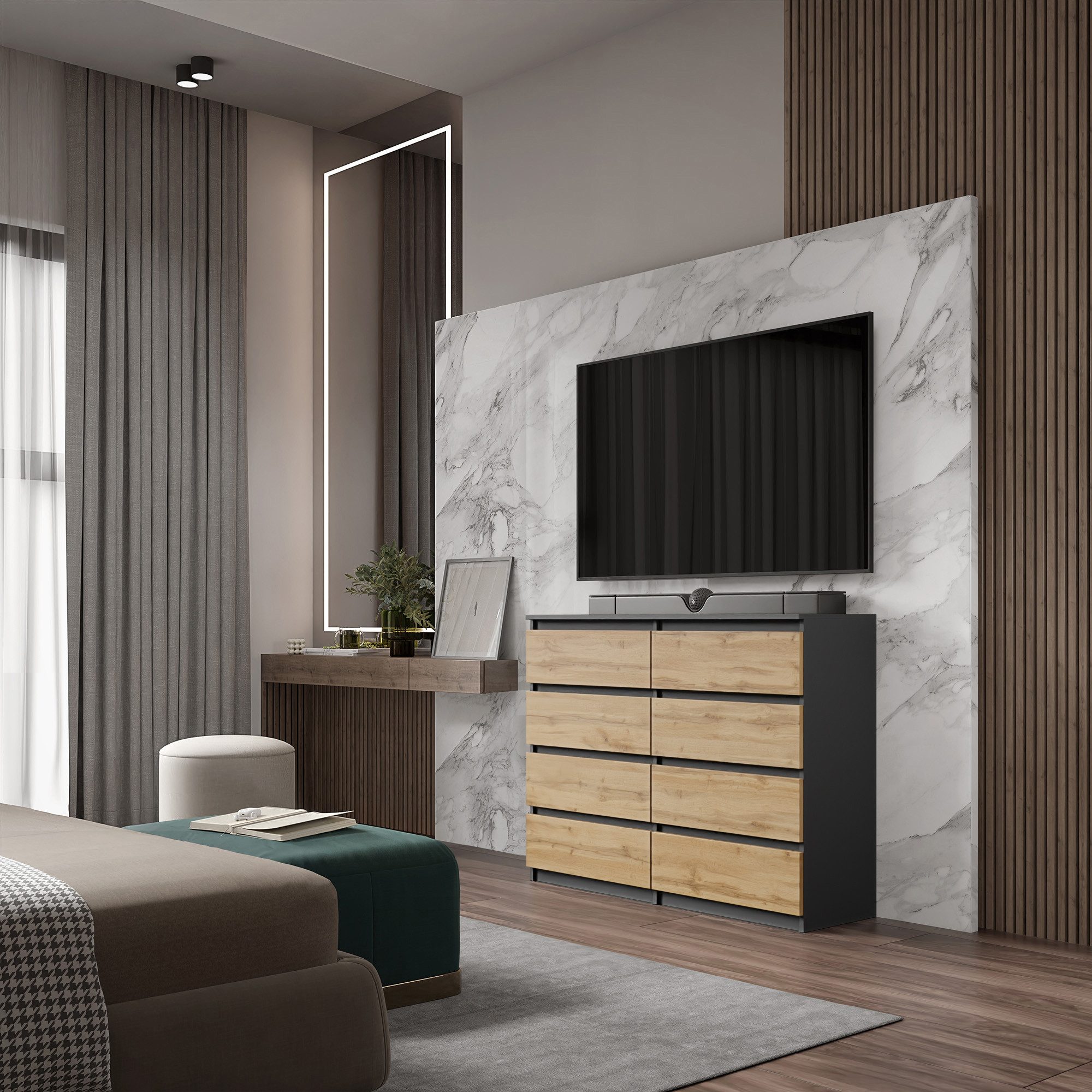 Furnica Kommode GABRIEL 8 Schubladen Anthrazit Grau H92cm B120cm T33cm