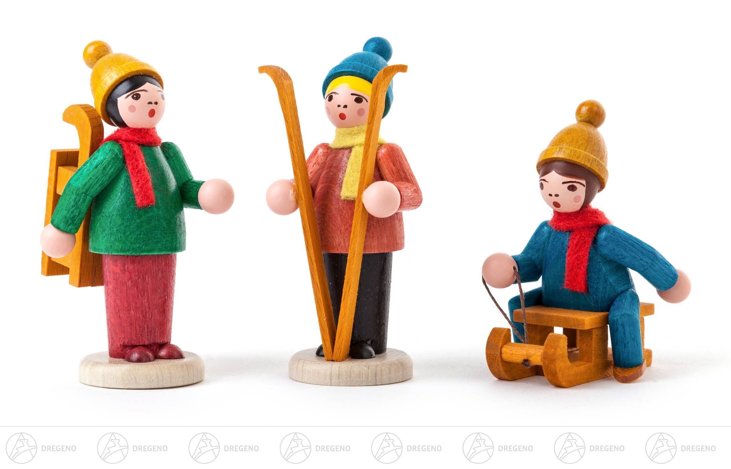 Dregeno Erzgebirge Weihnachtsfigur Miniatur Wintersportler farbig lasiert (3) Höhe ca 6 cm NEU