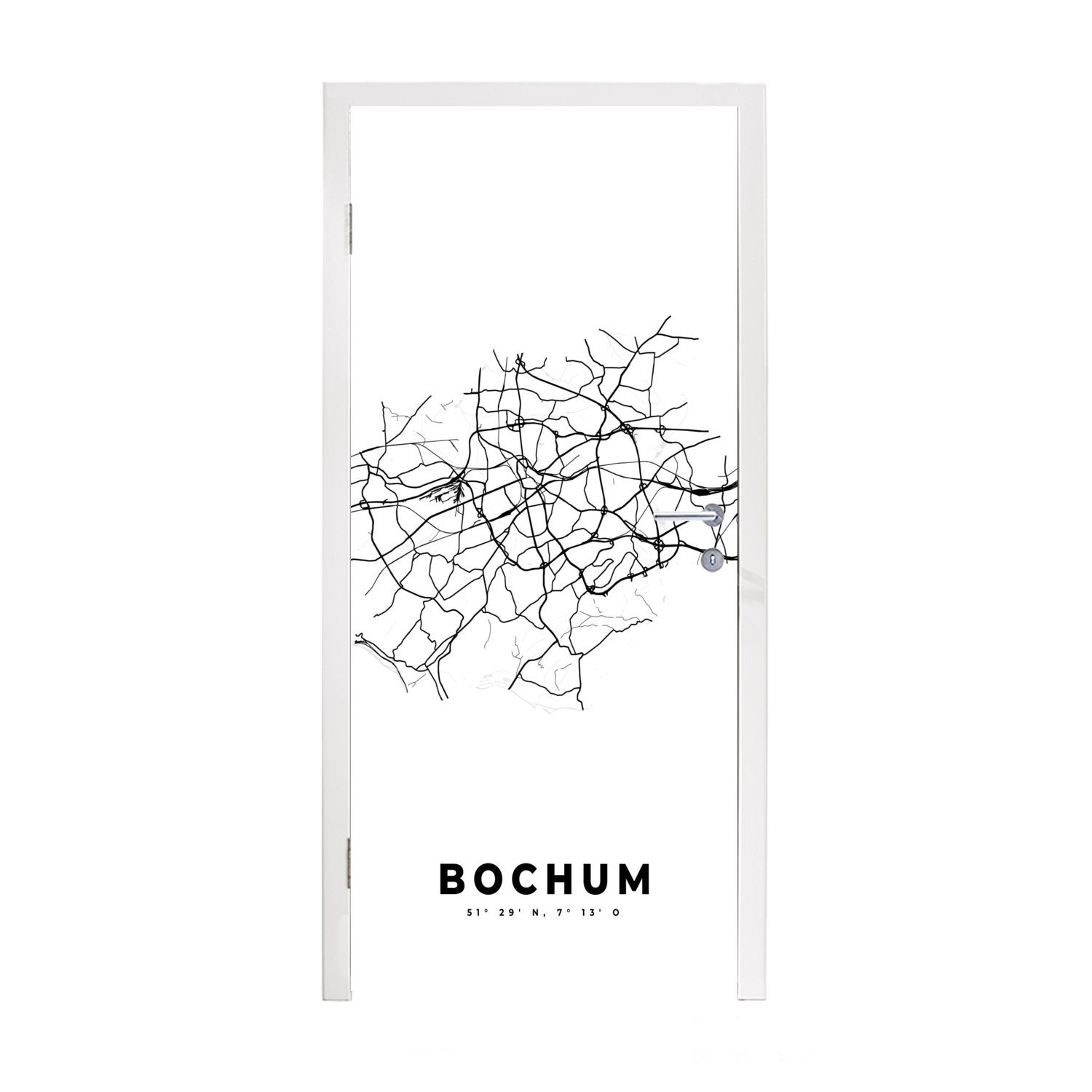 MuchoWow Türtapete Deutschland - Bochum - Stadtplan - Karte - Schwarz-Weiß - Karte, Matt, bedruckt, (1 St), Fototapete für Tür, Türaufkleber, 75x205 cm