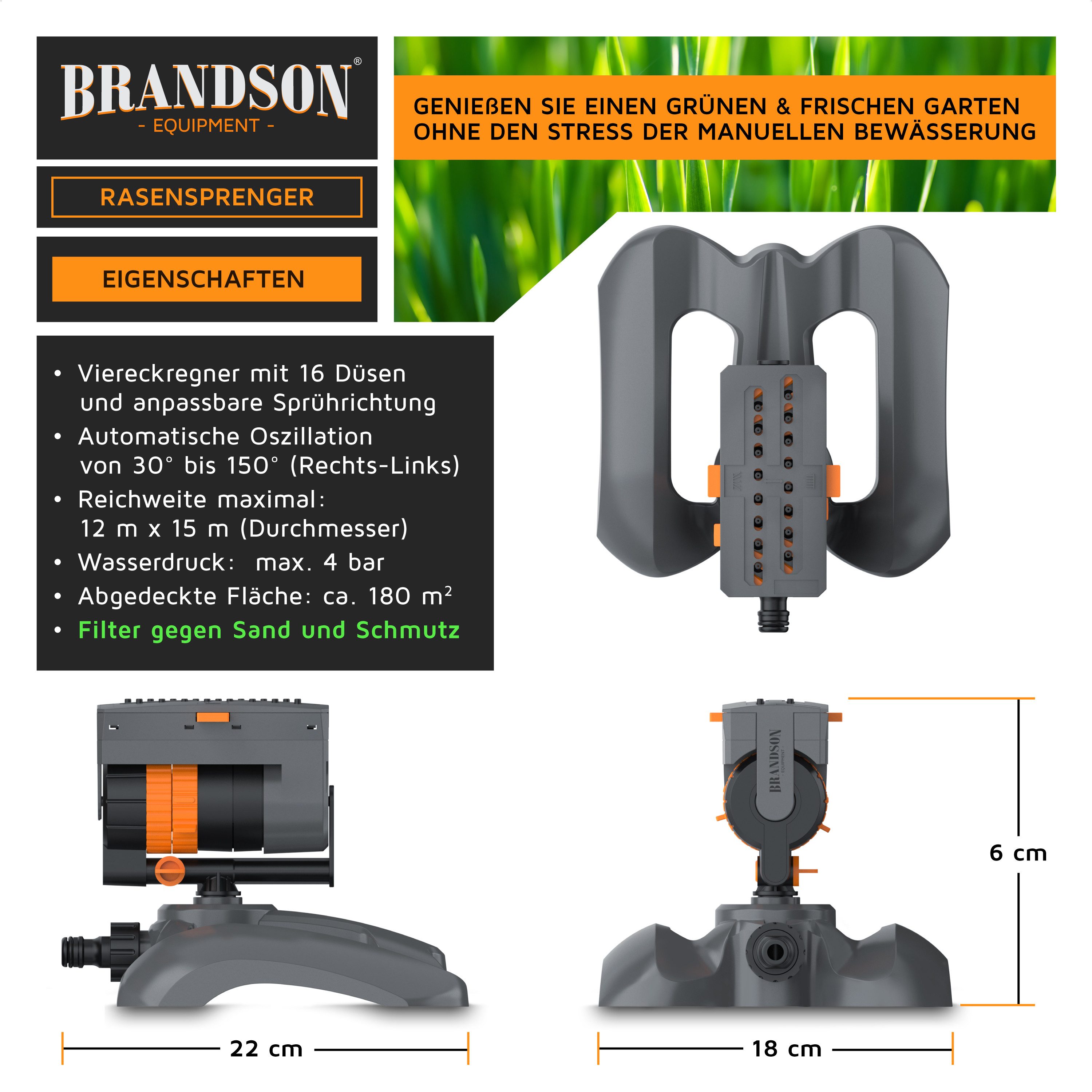 Brandson Viereckregner Garten Sprinkler, Rasensprenger rotierend, Oszillationsregner 16 Düsen, für Flächen bis 180 m², (1-St), Wasserstrahl stufenlos einstellbar, Oszillation 30–150°, max. 180 m²