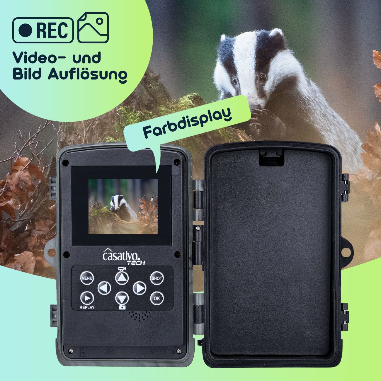 Casativo Wildkamera Full-HD-Wildkamera 24 MP mit 3 Bewegungssensoren, Farbdisplay (1-tlg., Nachtsicht, Serienbild- & Zeitraffer-Funktion)