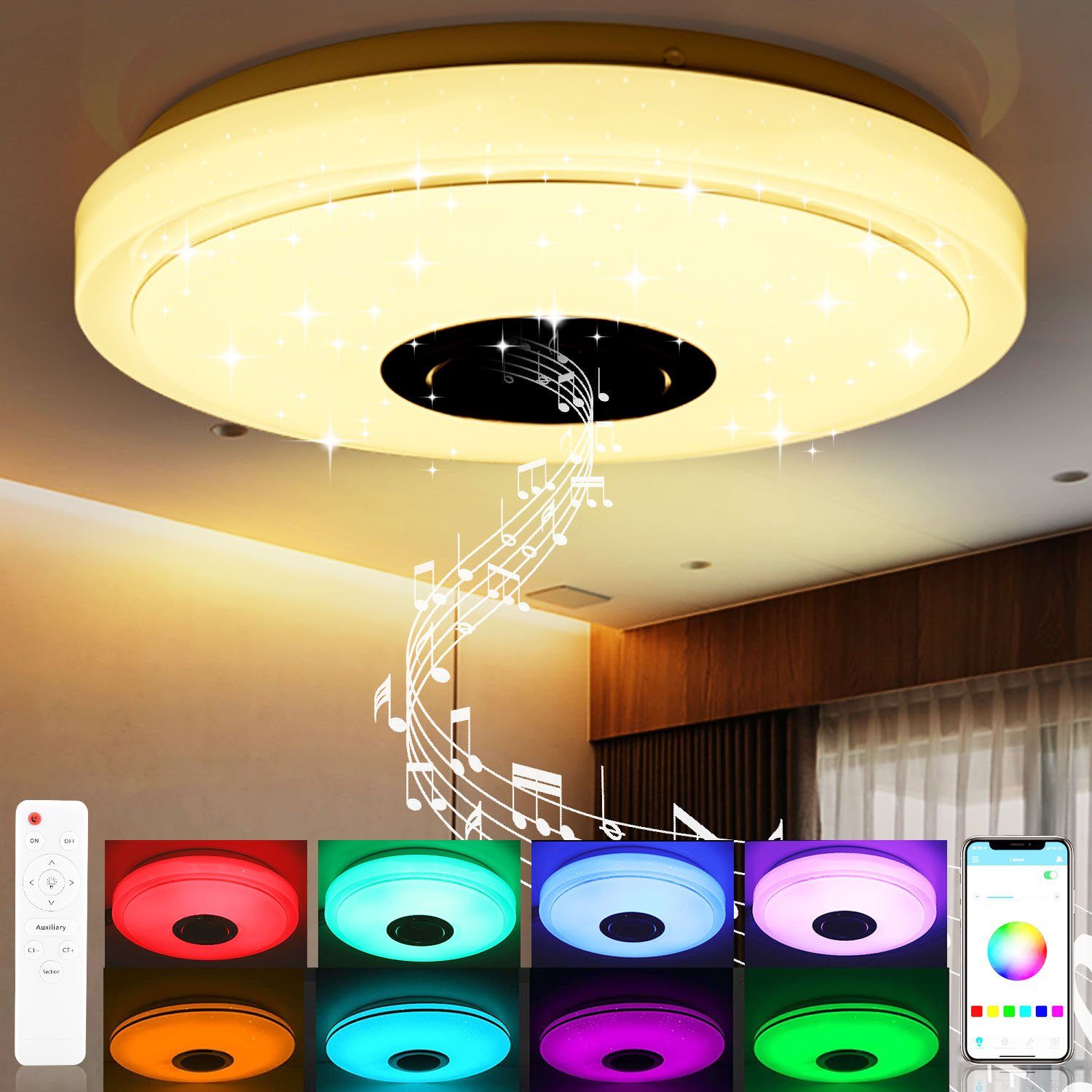 oyajia Deckenleuchte 38W/60W RGB LED Deckenlampe Dimmbar, mit Bluetooth Lautsprecher, LED fest integriert, RGB Farbwechsel (3000~6500K), Dimmbar mit Fernbedienung /APP-Steuerung, Wohnzimmer Schlafzimmer Lampe