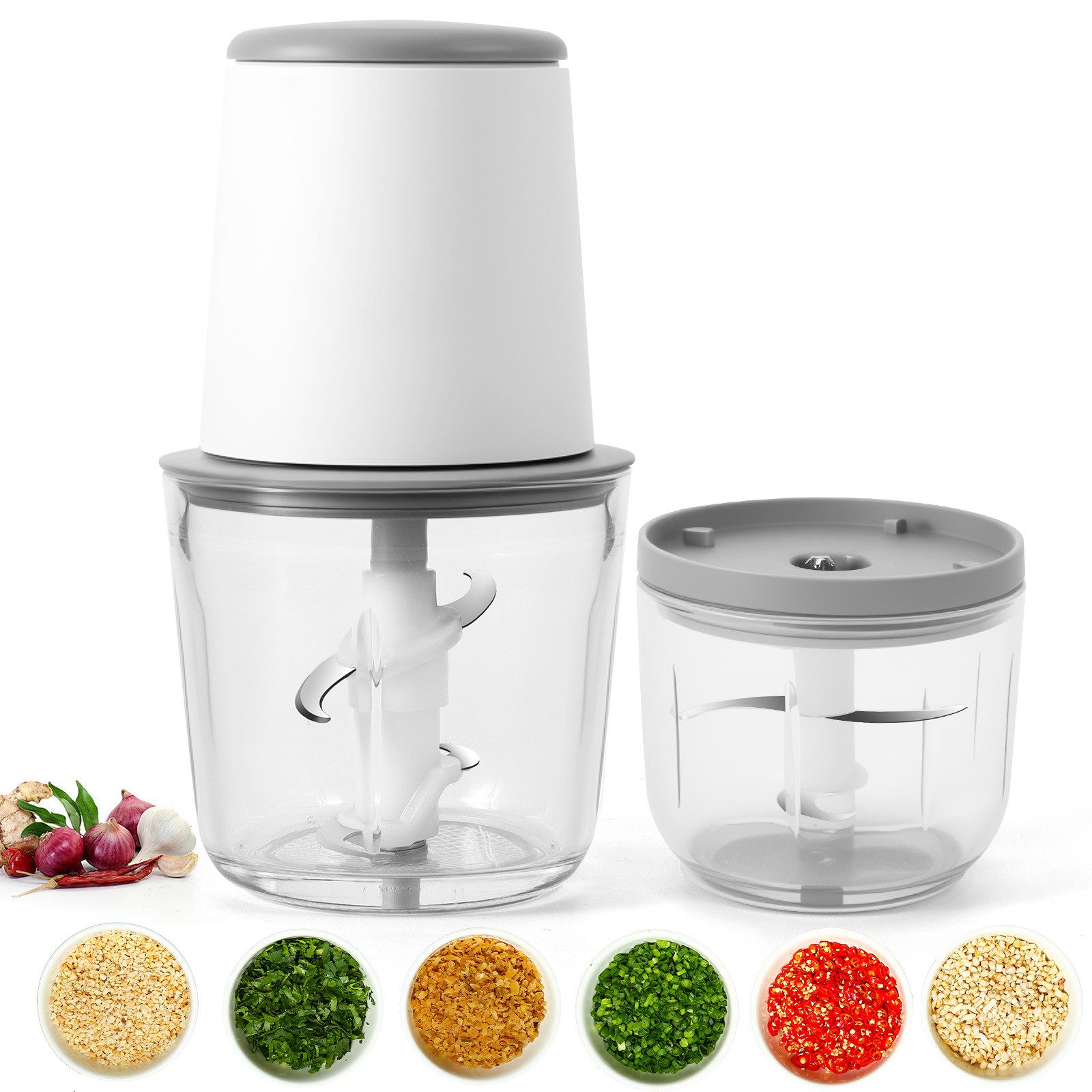 BlingBin Zerkleinerer Lebensmittelzerkleinerer 600 ml, 35W elektrische Gemüseschneider, 35 W, mit 4/6 Klingen für Fleisch, Zwiebeln, Knoblauch, Obst