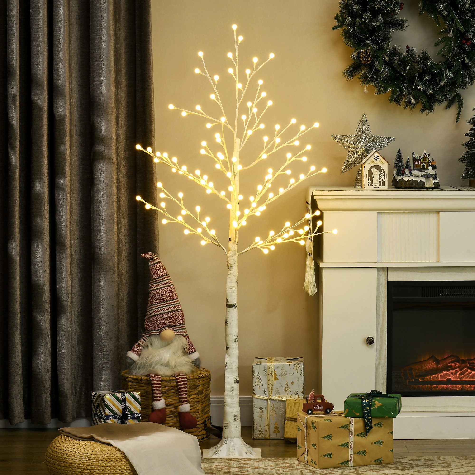 HOMCOM LED Baum Birkenbaum mit 120 Warmweiß, Weihnachtsbaum für Weihnachten, Dimmfunktion, LED wechselbar, Warmweiß, für Party, Geburtstag, Hochzeit IP44 weiß