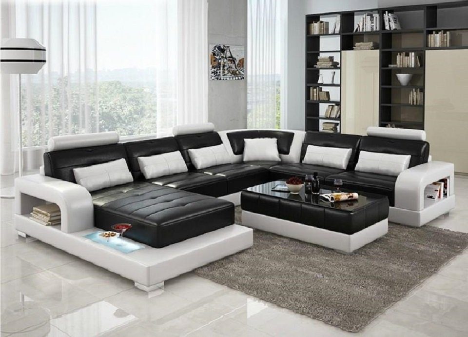 JVmoebel Ecksofa Braunes Ledersofa Ecksofa Sofa Couch Design Sitz Polster, Made in Europe Schwarz/Weiß