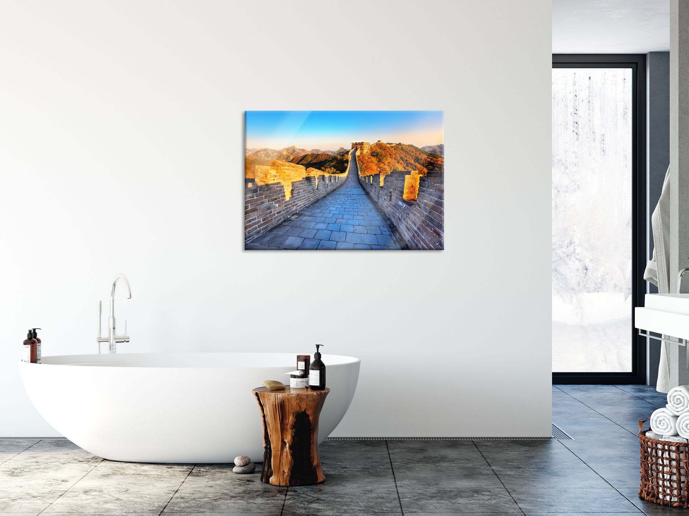 Echtglas, Sonnenaufgang St), Pixxprint Mauer und Glasbild bei inkl. Aufhängungen (1 Mauer aus bei Sonnenaufgang, Abstandshalter Glasbild