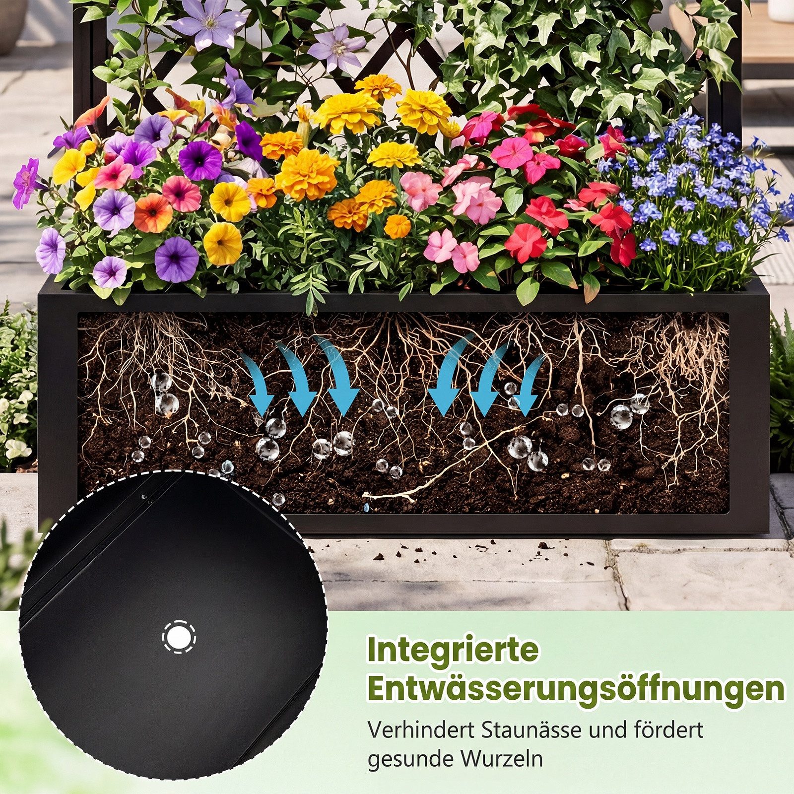 COSTWAY Blumenkasten, Pflanzkasten aus Metall mit Rankgitter, Ablauflöchern