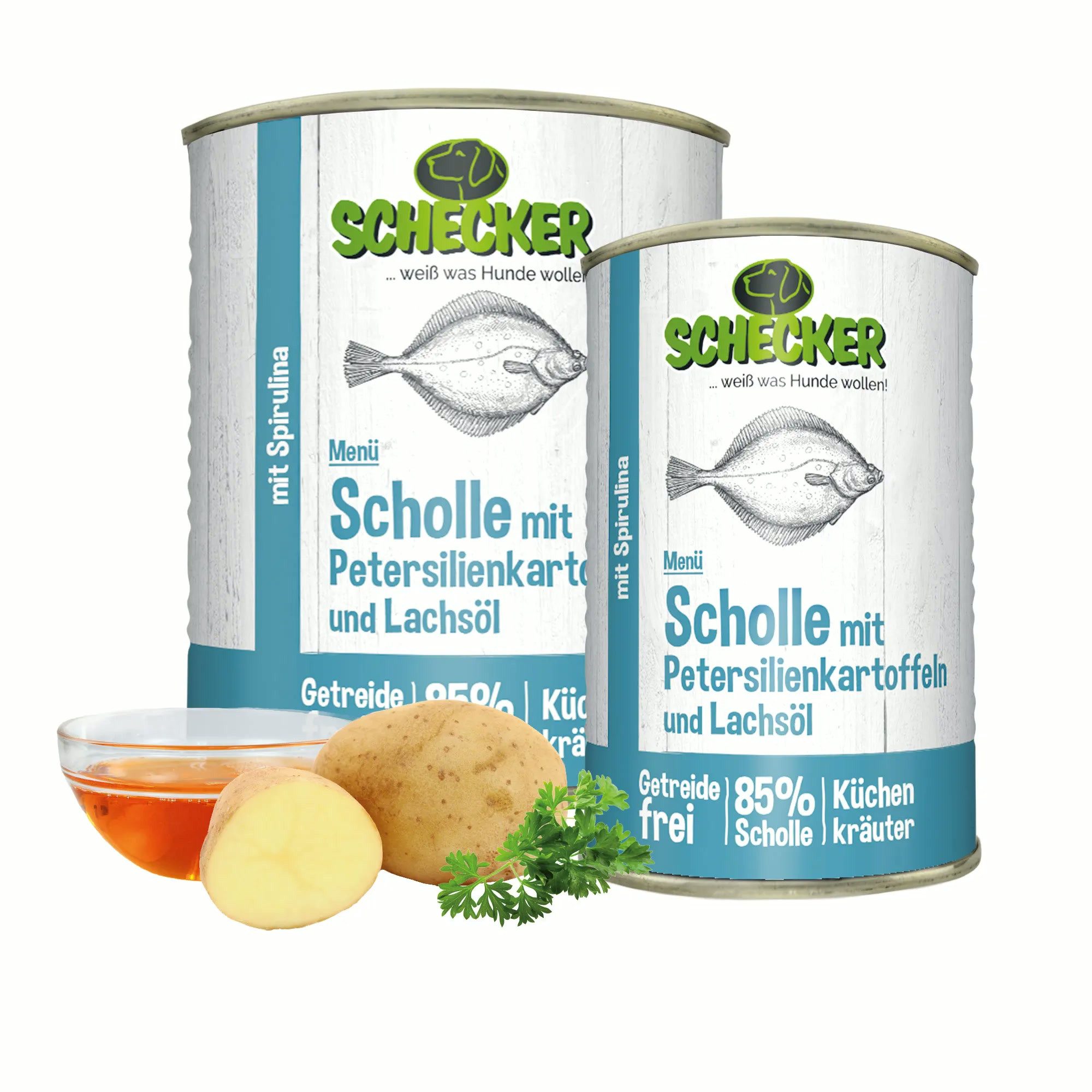 Schecker Nassfutter Menü - Scholle mit Petersilienkartoffeln und Lachsöl Fisch, Nassfutter für: Hunde, Getreidefreie Fischvollnahrung mit Kartoffeln & Kräutern