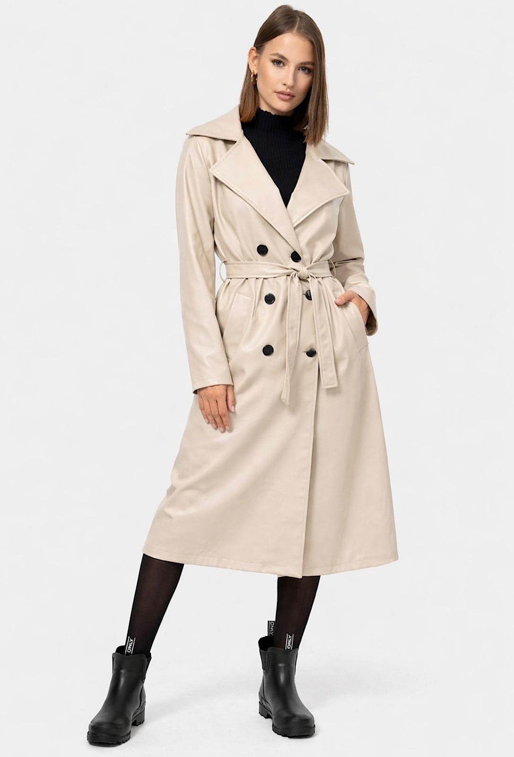 Worldclassca Trenchcoat Worldclassca TRENCHCOAT Kunstleder Gürtel Reverskragen Lang Mantel Neue Kollektion - Stilvolle und gemütliche Mode für Damen