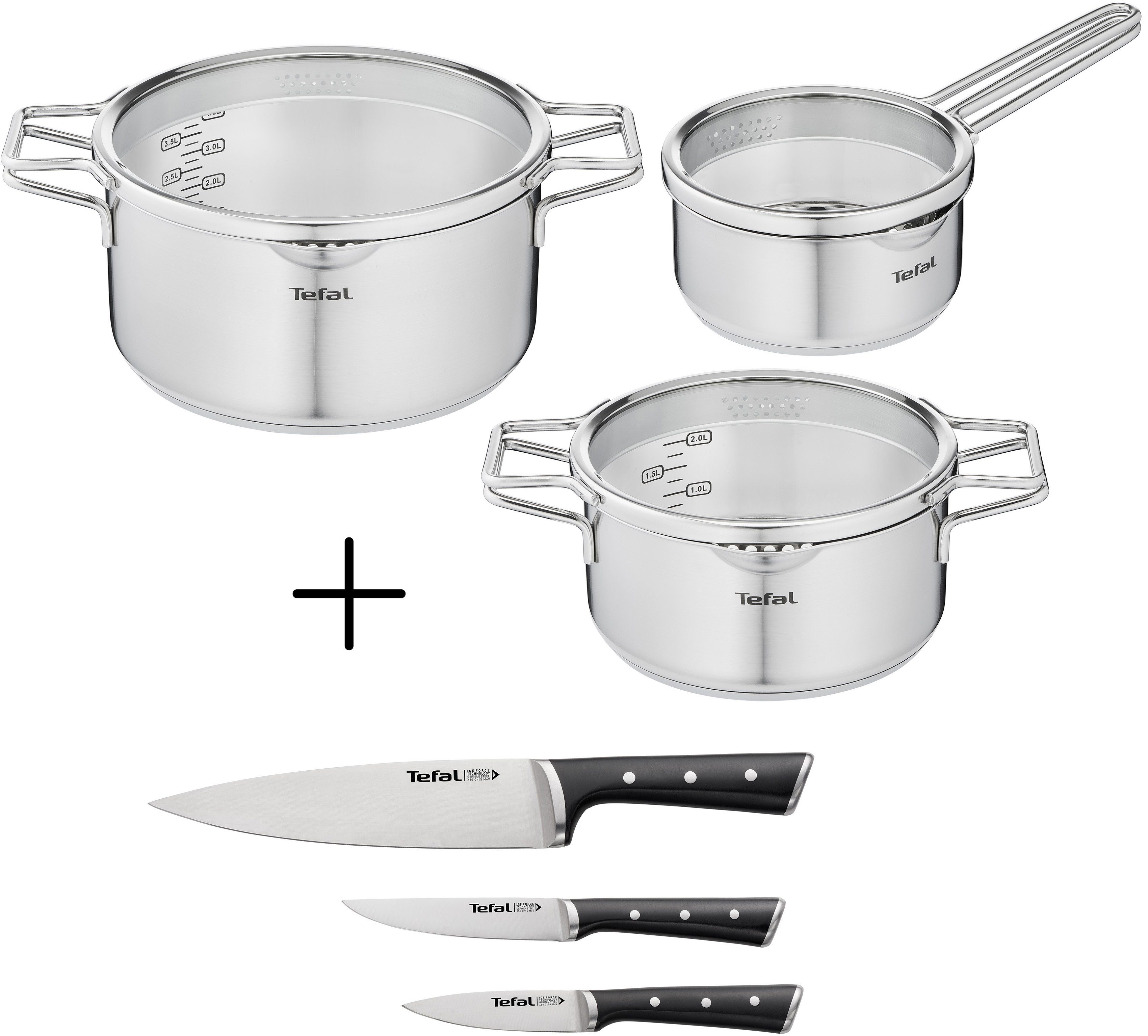 Tefal Topf-Set Nordica + Ice Force, Edelstahl (Set, 9-tlg., Edelstahl-Topfset 6-teilig + Messerset 3-teilig), Set: Edelstahl-Topfset (alle Herdarten) + Messer-Set 3tlg., Induktion